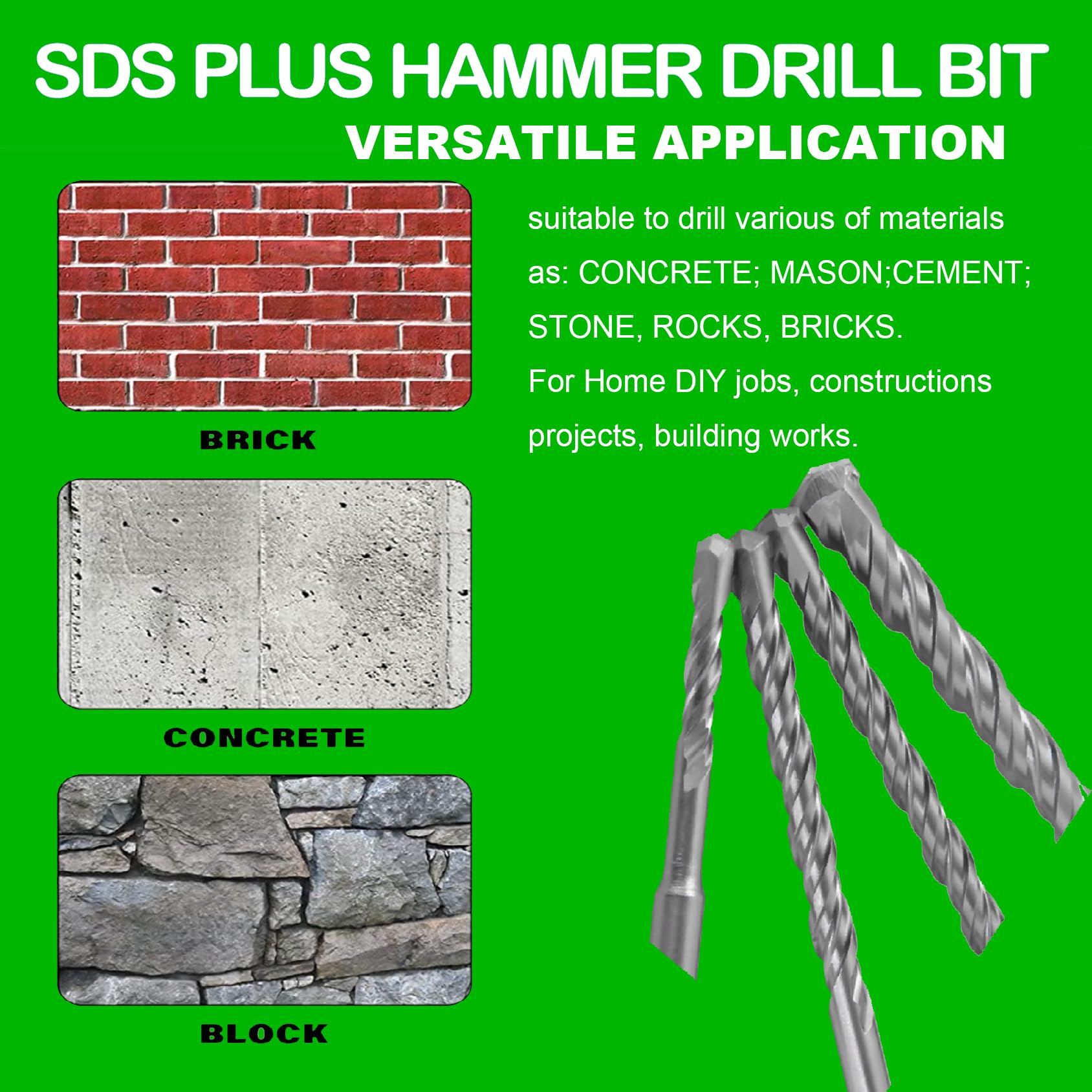 8Pcs SDS Plus Drill Bit Set for Concrete & Masonry - Heavy Duty Rotary Hammer Bits for Rock & Stone Drilling