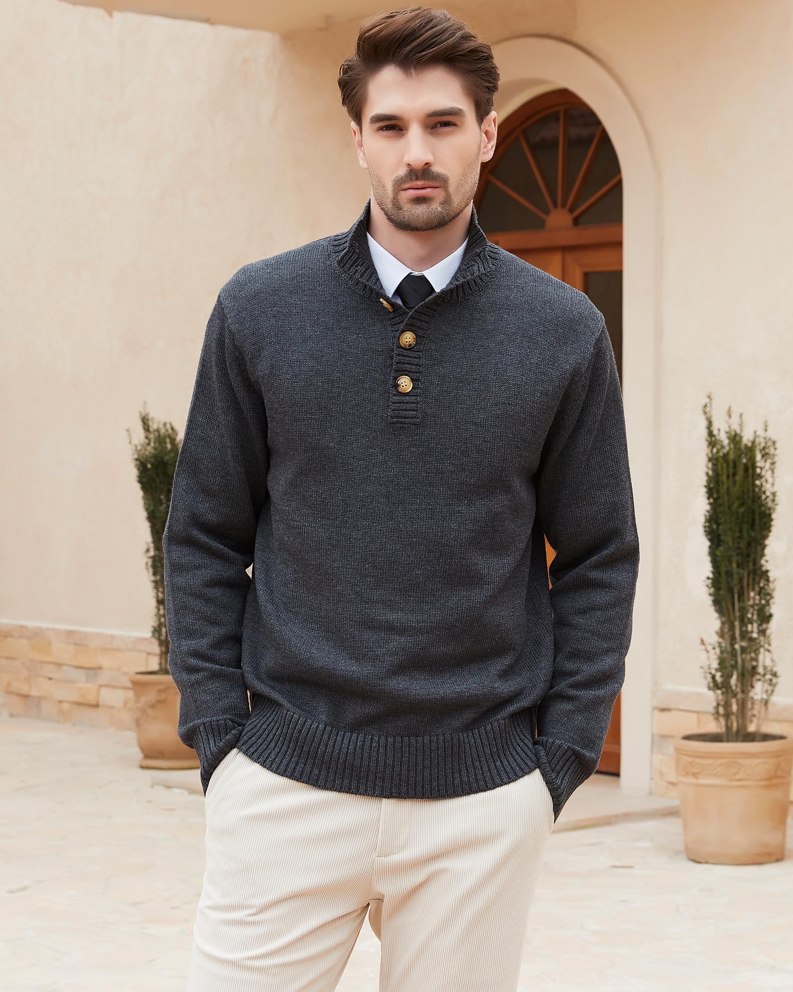 Men's Wool Blend Knit Pullover - Mock Neck Long Sleeve Sweater for Winter
