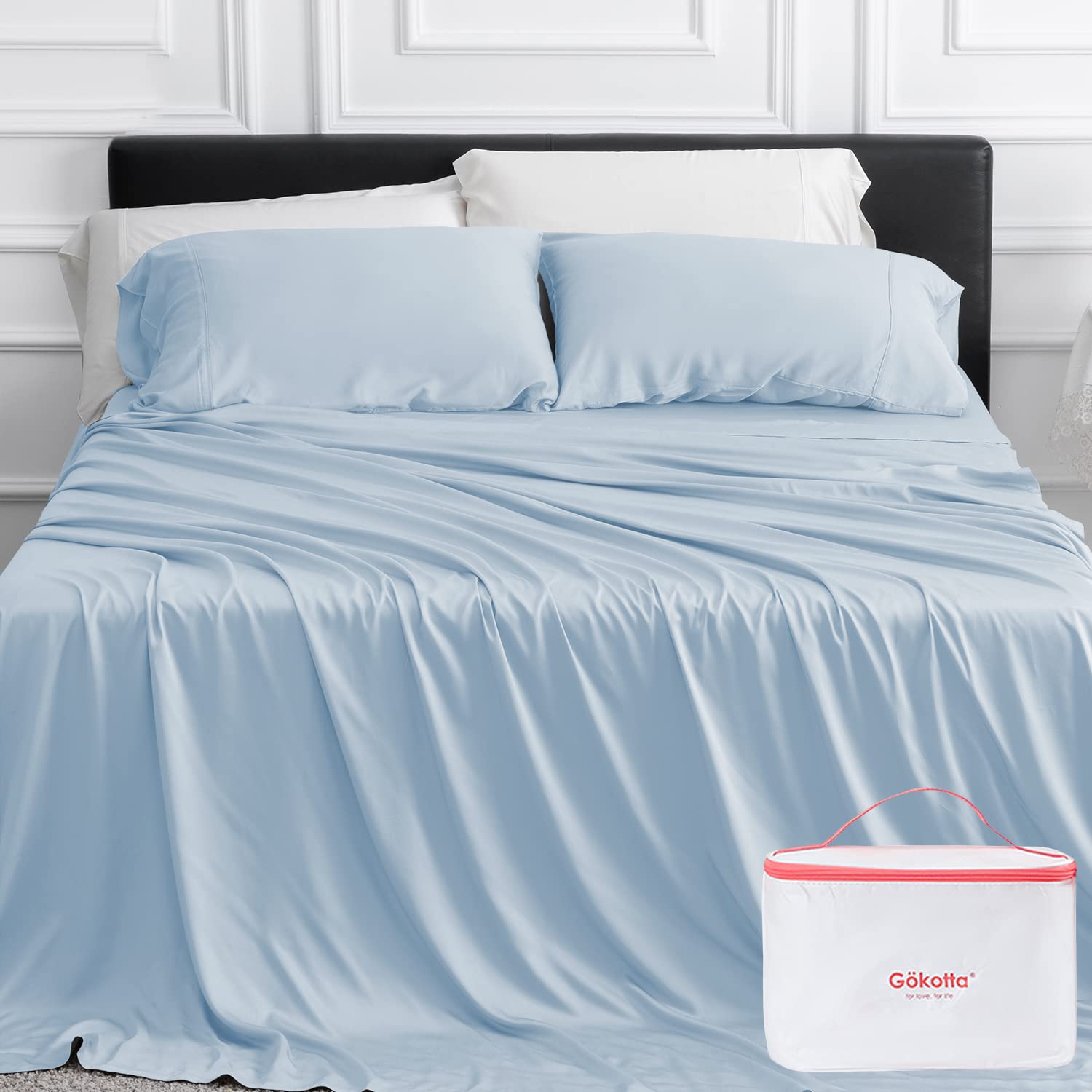 GOKOTTA 100% Bamboo Sheets California King Size - 4 Piece Cooling Bed Sheet Set with Pillowcases | Super Soft, Silky & Breathable | Elastic Corner Straps | Light Blue | Perfect for Hot Sleepers & Luxury Bedroom Decor