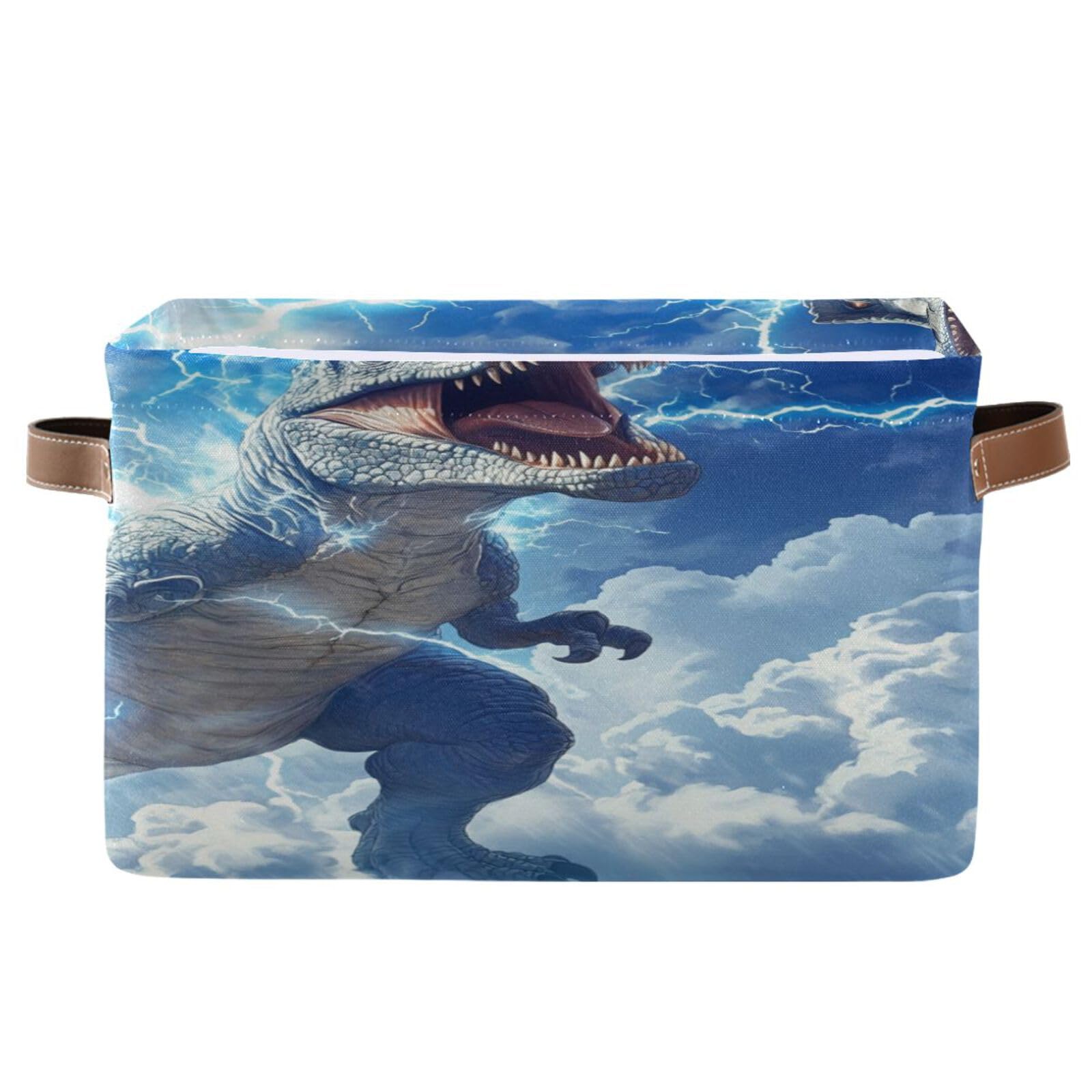 Large Fabric Storage Bins with Handles - Collapsible Closet Organizer for Clothes, Toys & Home Decor (Blue Dinosaur)