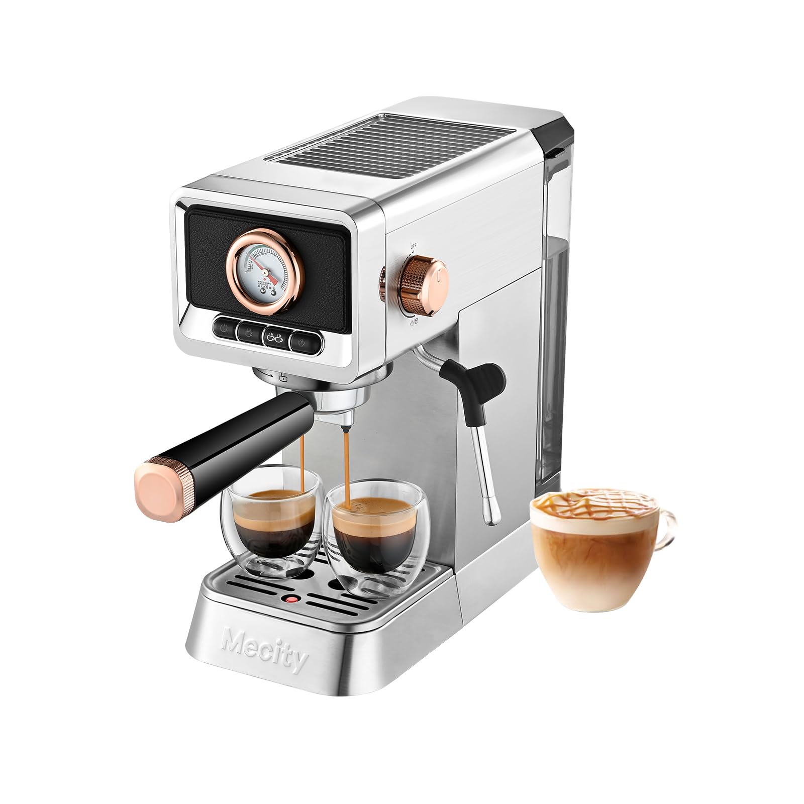 Mecity 20 Bar Espresso Machine with Milk Frother - Brushed Stainless Steel Coffee Maker for Espresso, Latte, Mocha & Americano - 37 fl.oz Water Tank, 1400W - Perfect for Home, Office & Cafe Use