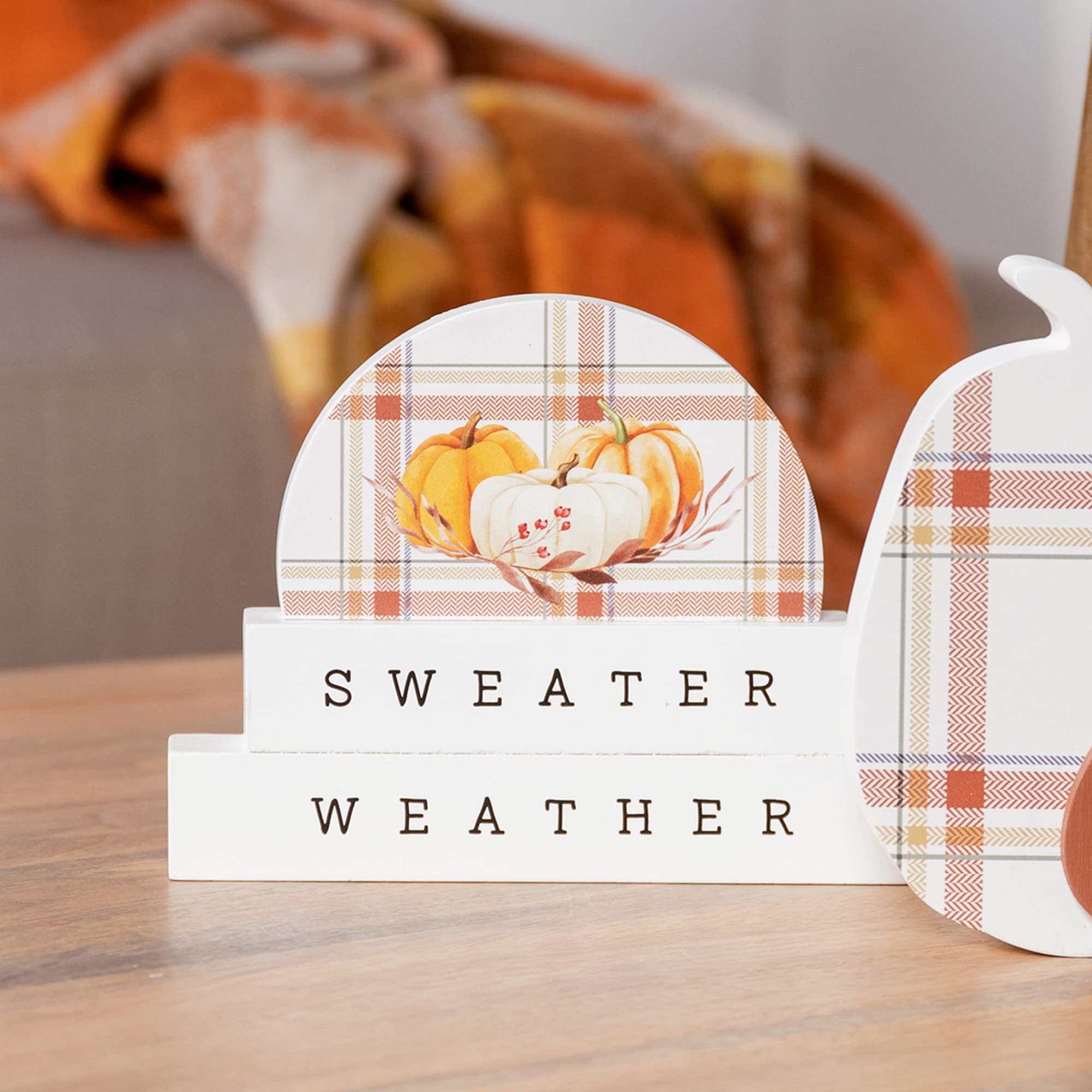 Stratton Home Decor Double-Sided Fall & Halloween Tabletop Decor - Rustic Wooden Centerpiece for Empty Tables - White Seasonal Home Decor (1.25”x7”x5.5”) - Perfect for Living Room, Dining Table, Mantel & Entryway Decorations