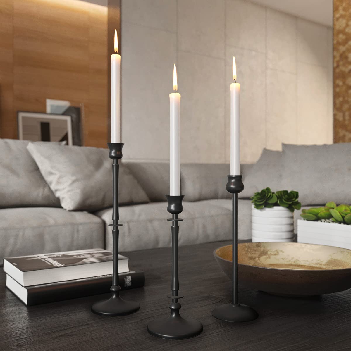 Matte Black Metal Taper Candle Holders Set of 3 for Home Decor
