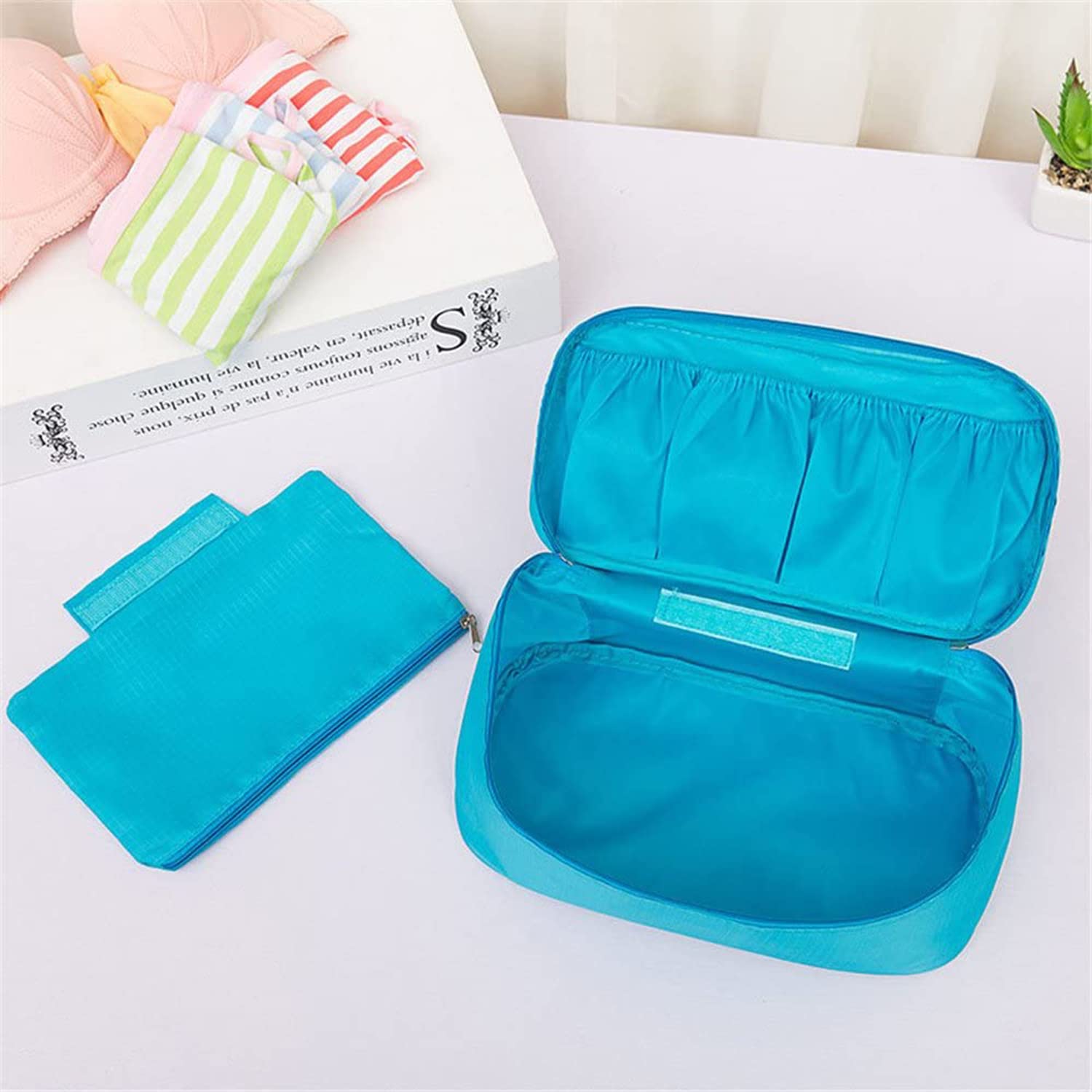 House of Quirk Portable Multifunctional Travel Organizer - Underwear, Socks & Bra Storage Bag with Cosmetic Pouch (Sky Blue) | Perfect for Travel, Camping & Home Closet Organization