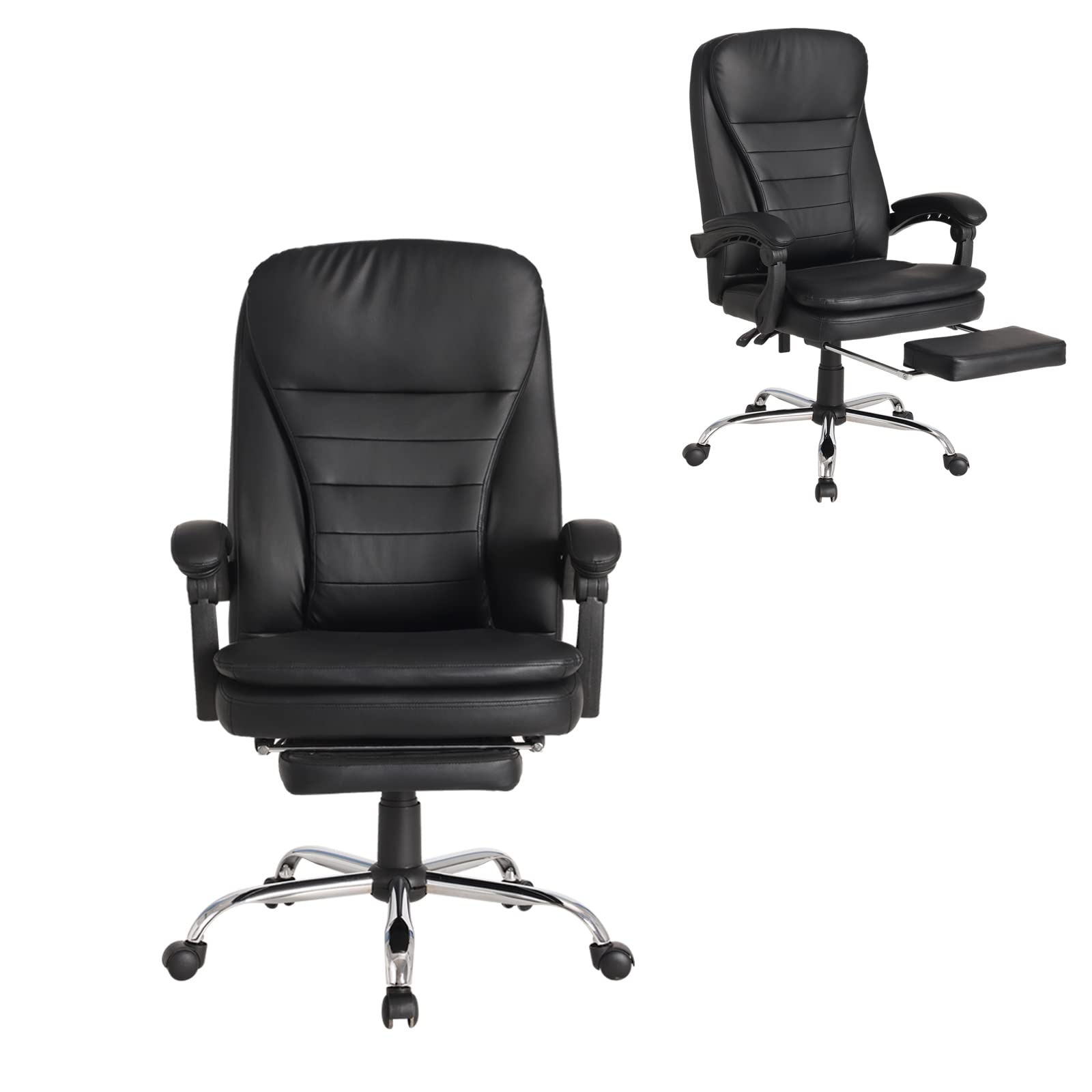 BINGTOO Ergonomic Office Chair with Footrest - High Back Executive Computer Chair with Adjustable Height, 360° Swivel & Tilt Tension Control - Padded Armrests & Leather Upholstery (Black) - Perfect for Home Office, Gaming & Workspaces