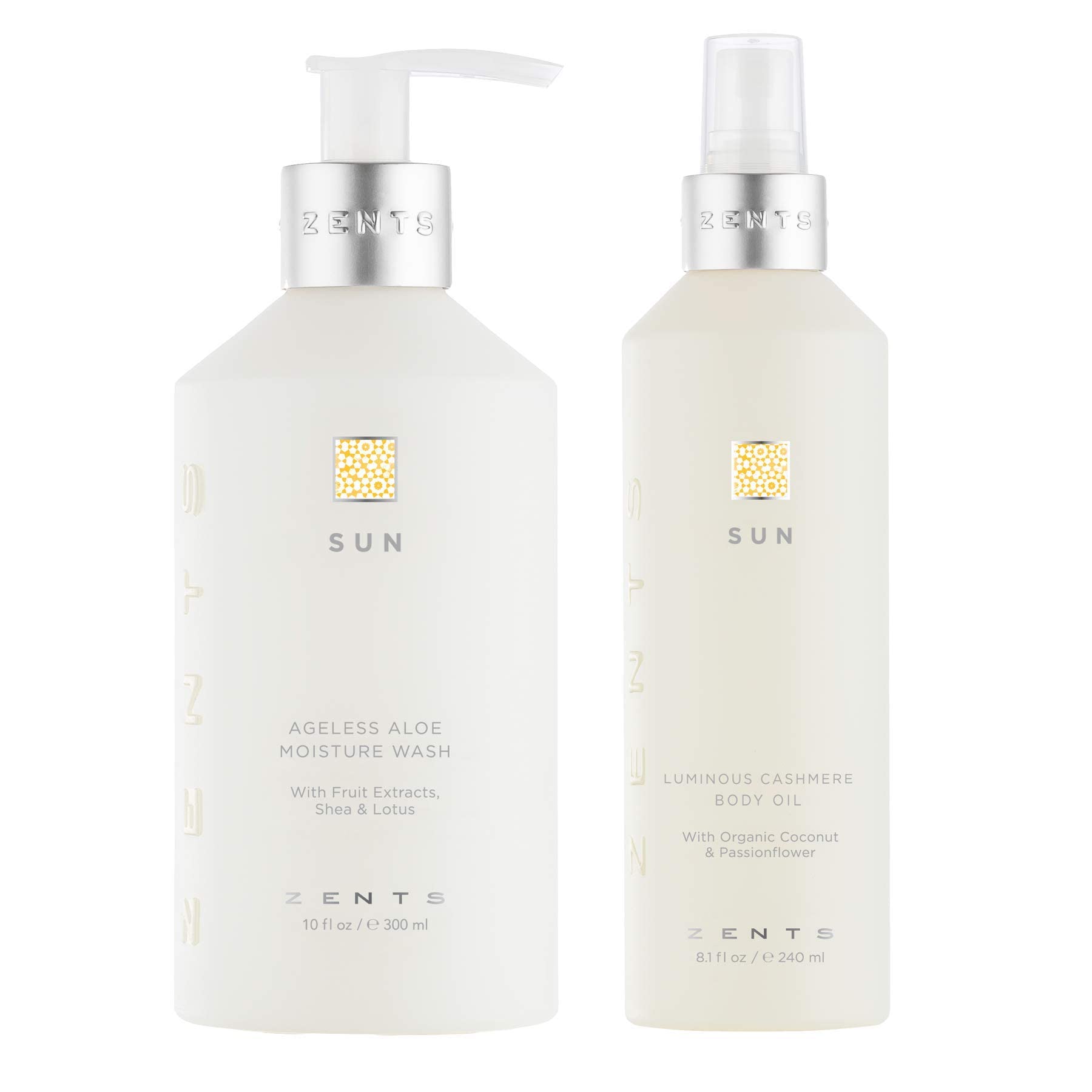 Zents Body Wash & Cashmere Oil Gift Set - Sun Scented Aloe Moisturizing Shower Gel with Vitamin E & Organic Coconut Oil for Soft, Hydrated Skin | Spa Day & Luxury Bath Essentials