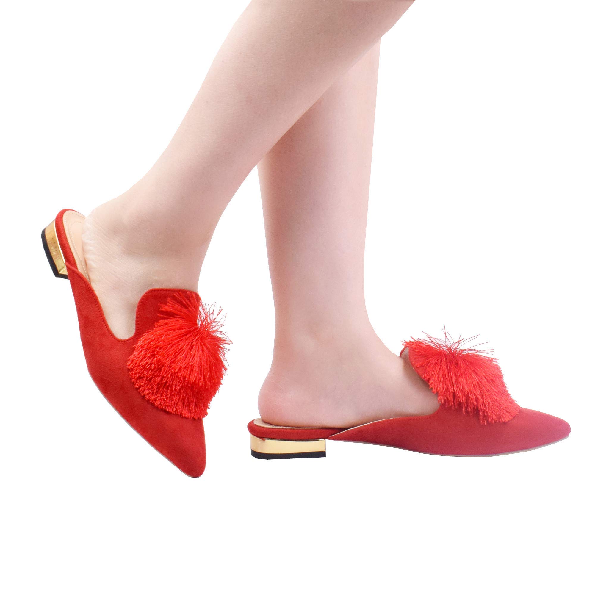 Fericzot Women's Slip-On Mule Loafers - Backless Pointed Toe Flats with Puff Pompom | Comfortable Casual Shoes & House Slippers for Work, Travel & Home Wear