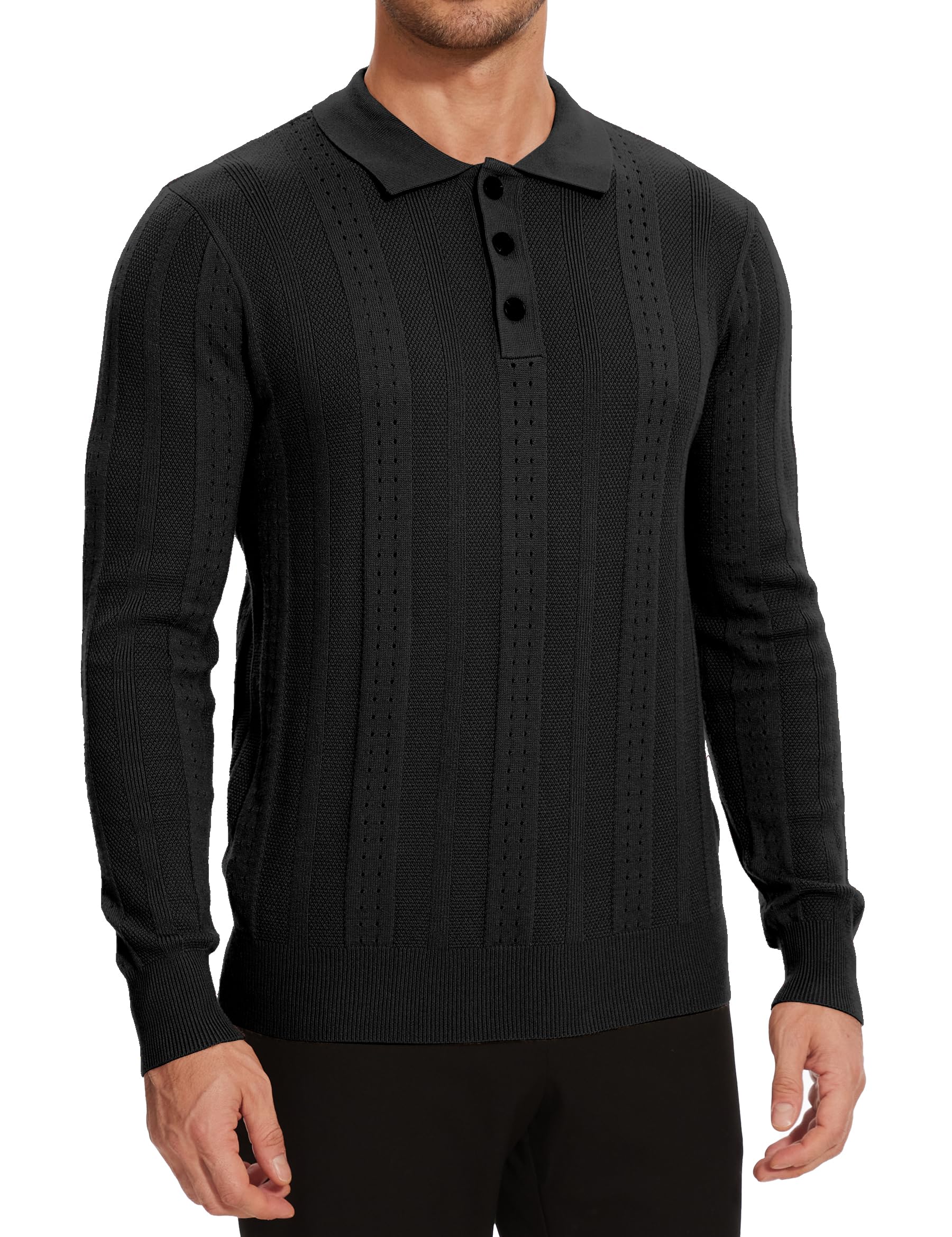 Vintage Cable Knit Sweater Polo for Men - Long Sleeve Textured Collared Shirt | Casual Winter Wear & Office Outfit