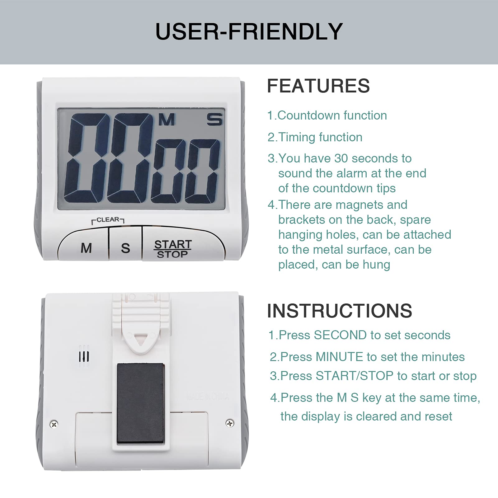 **Large Digital Countdown Timer with Loud LCD Display - Multi-Function Kitchen Timer, Portable Electronic Stopwatch - White (Batteries Not Included) - Perfect for Cooking, Baking, Workouts & Classroom Activities**