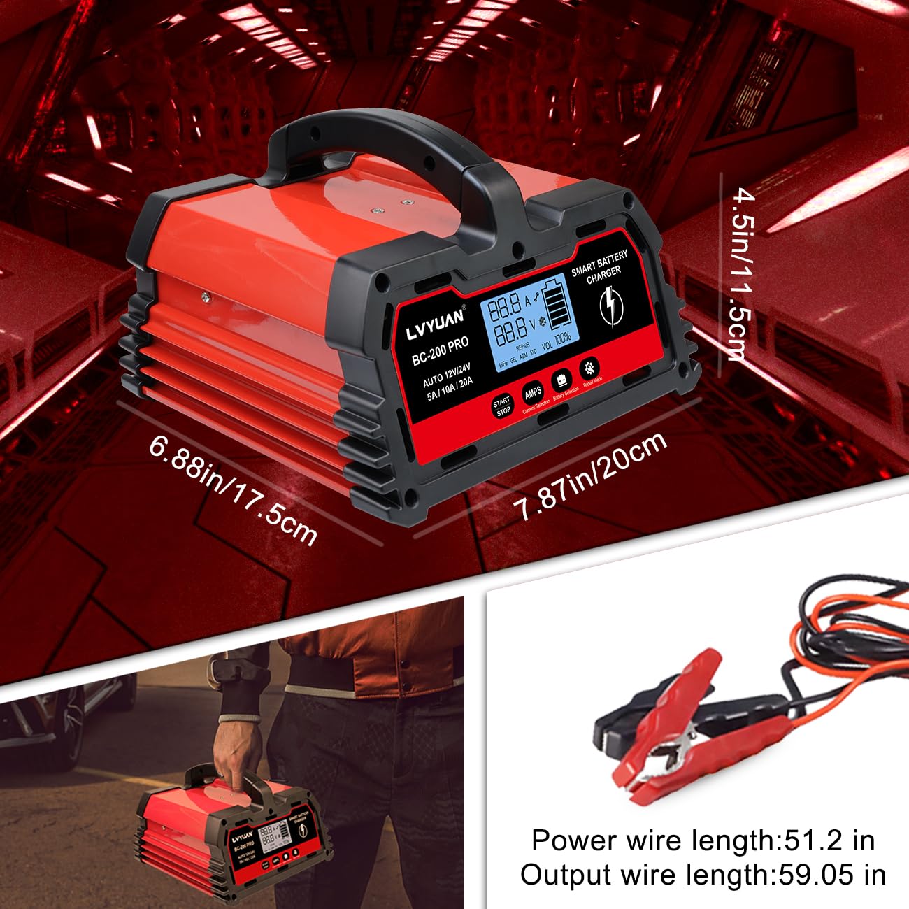 LVYUAN 12V/24V Smart Car Battery Charger & Maintainer - 5A/10A/20A Automotive Charger for AGM, LiFePO4 Lithium & Lead Acid Batteries - Perfect for Cars, Trucks, Motorcycles, RVs & Seasonal Vehicle Storage