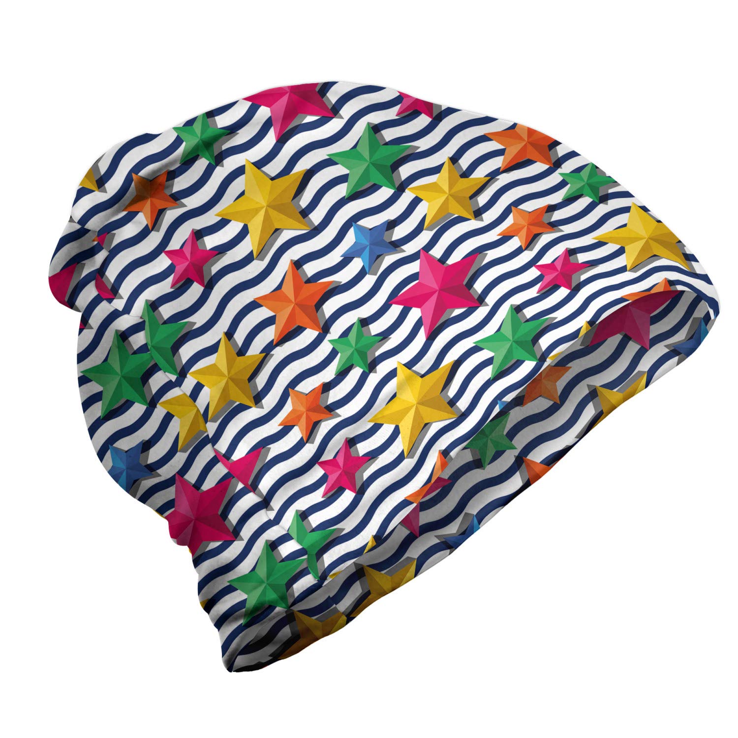Ambesonne Unisex Beanie - 3D Stars & Wavy Stripes Winter Hat for Men & Women - Warm Knit Skull Cap for Hiking, Camping & Outdoor Activities in Cold Weather