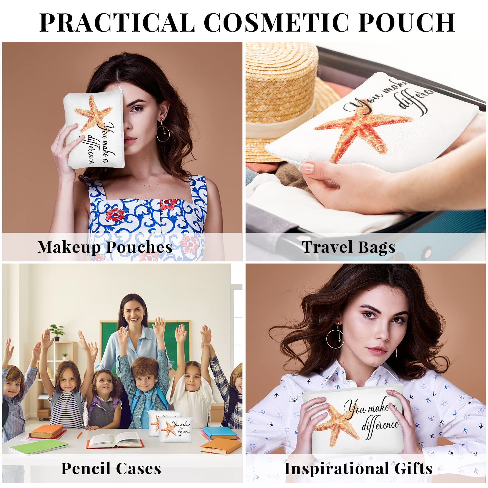10 Pcs Inspirational Cosmetic Bags with Motivational Poem Cards - Starfish Design Zippered Canvas Makeup Pouch for Women, Employees, Teachers, Nurses - Perfect Appreciation Gifts for Graduation, Birthday, Thank You, Retirement