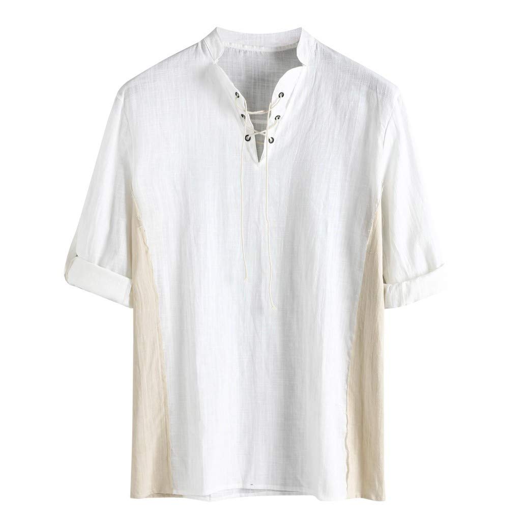 PAXOSTRO Men's Retro Long Sleeve Linen Blend Shirt - Breathable Patchwork Design, Wrinkle-Free White Top for Casual Wear & Summer Outfits