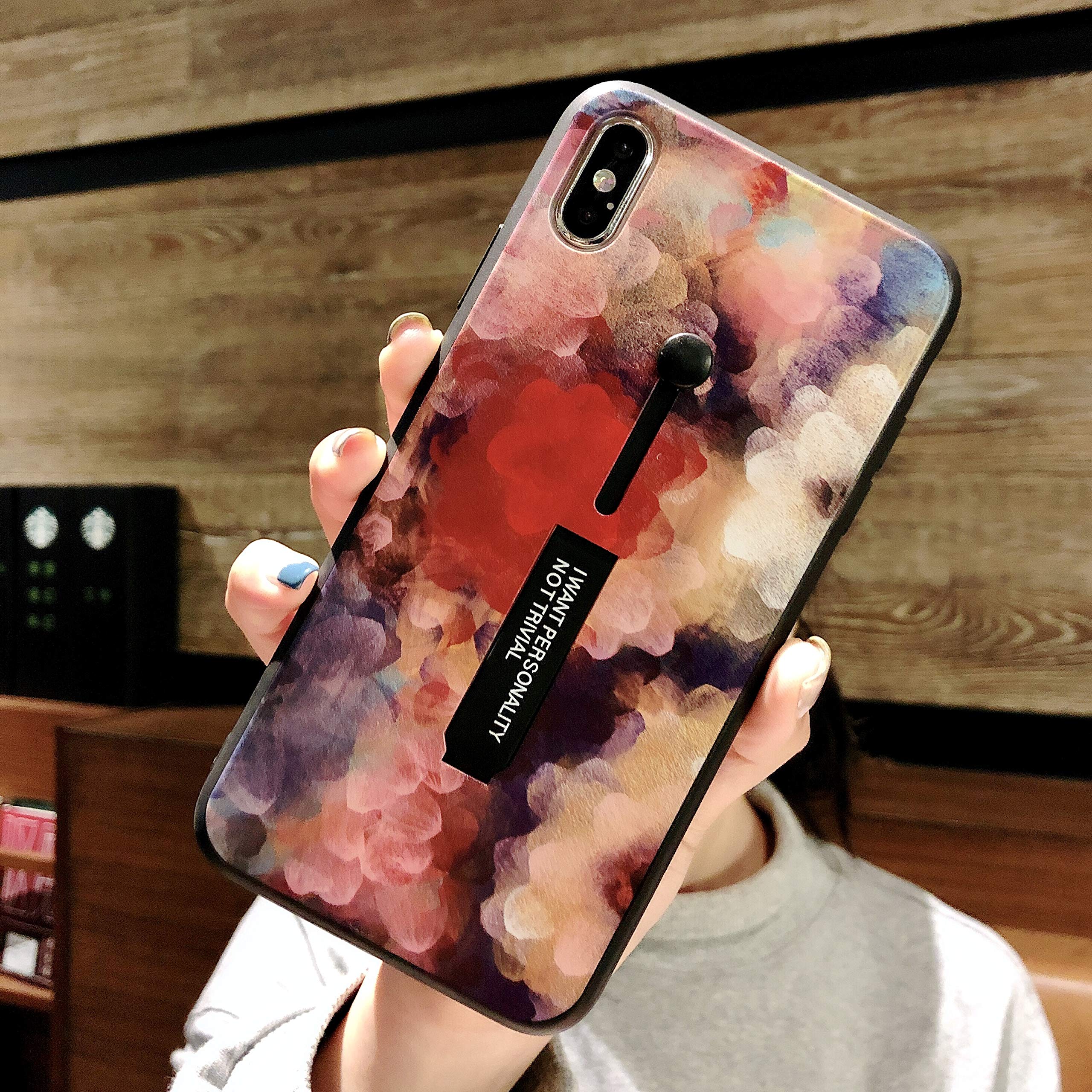 Oil Painting Flower Petal Cute Loop Case Cover with Finger Strap Ring Holder for iPhone XS - Fashion Bumper Case with Grip Stand | Perfect for Daily Use, Travel & Photo Taking