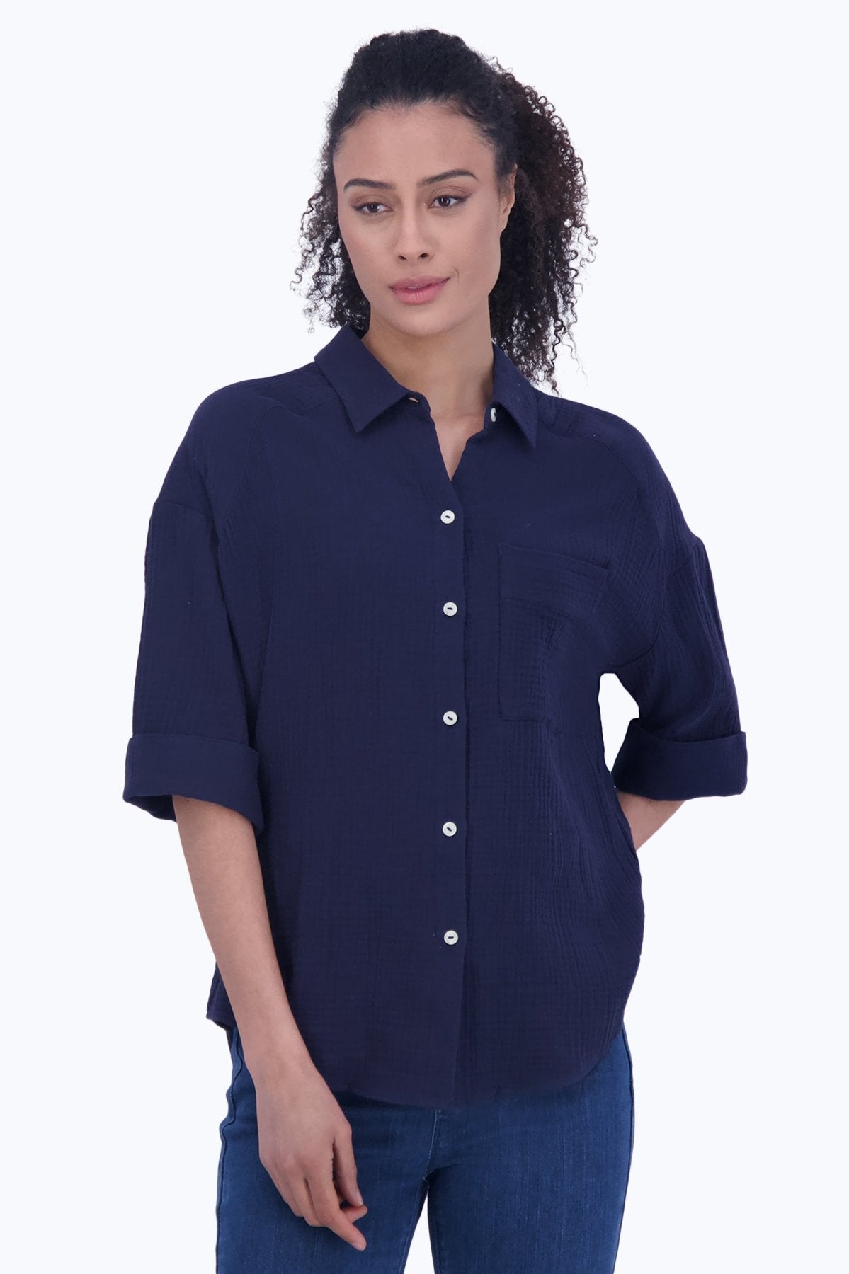 Joanna Women's Cotton Gauze 3/4 Sleeve Tunic Top - Soft Breathable Loose Fit Blouse for Casual Wear & Summer Outfits