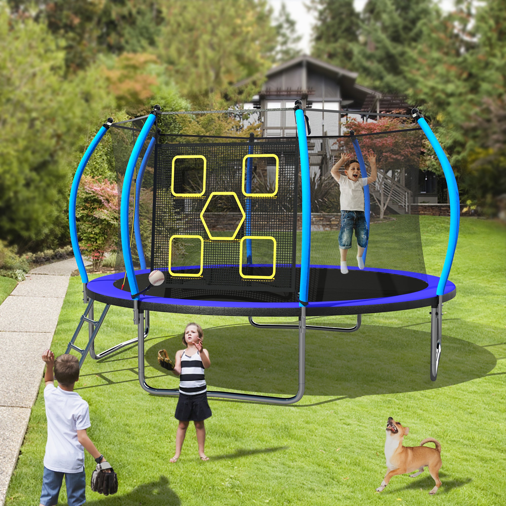 12FT Trampoline with Safety Enclosure & Ladder - ASTM Approved Outdoor Trampoline for Kids - Perfect for Backyard Fun, Exercise, and Family Recreation