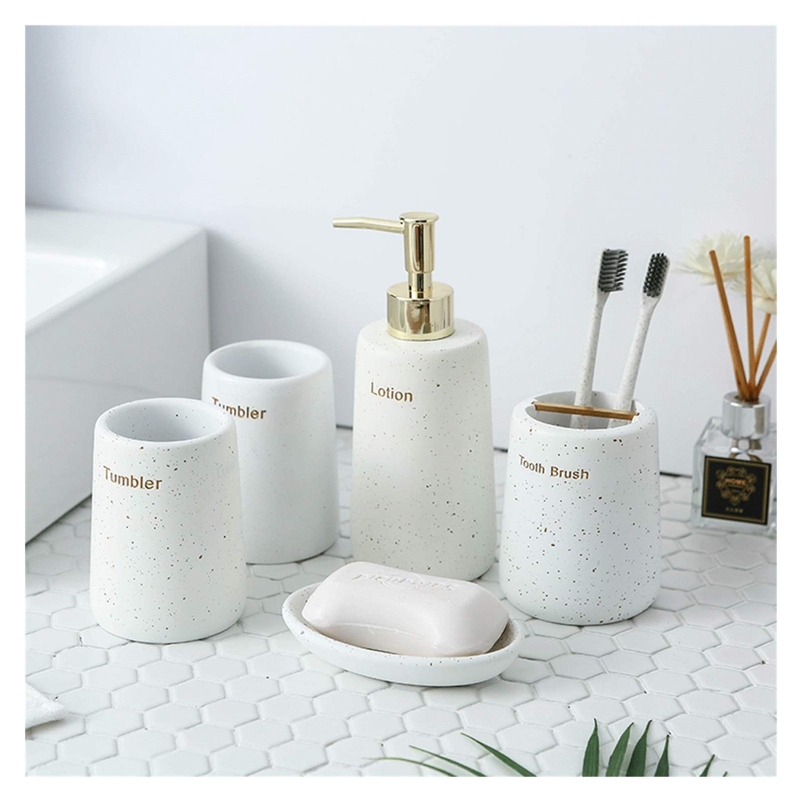 Premium 5-Piece Bathroom Set - JW Dispenser Resin Soap Dispenser, Soap Dish, Toothbrush Holder & Tumbler (400ml/13.5oz) - White, Green, Black Options - Modern Shower Pump for Spa-Like Experience - Perfect for Home, Hotel & Guest Bathroom Decor
