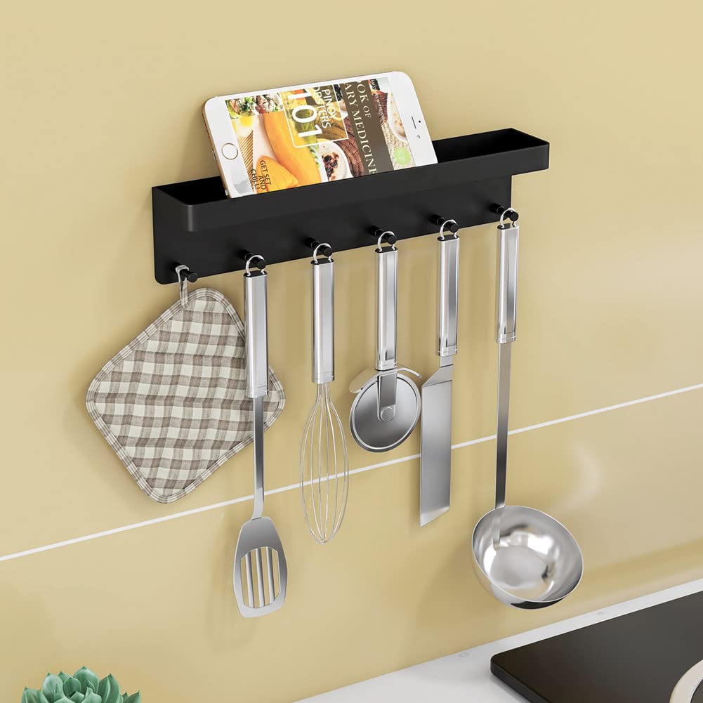 6-Hook Wall Mount Key Holder with Mail Organizer - No Drill Adhesive Key Rack with Tray for Entryway, Hallway, Kitchen & Office - Perfect for Home Organization & Space Saving (Black)