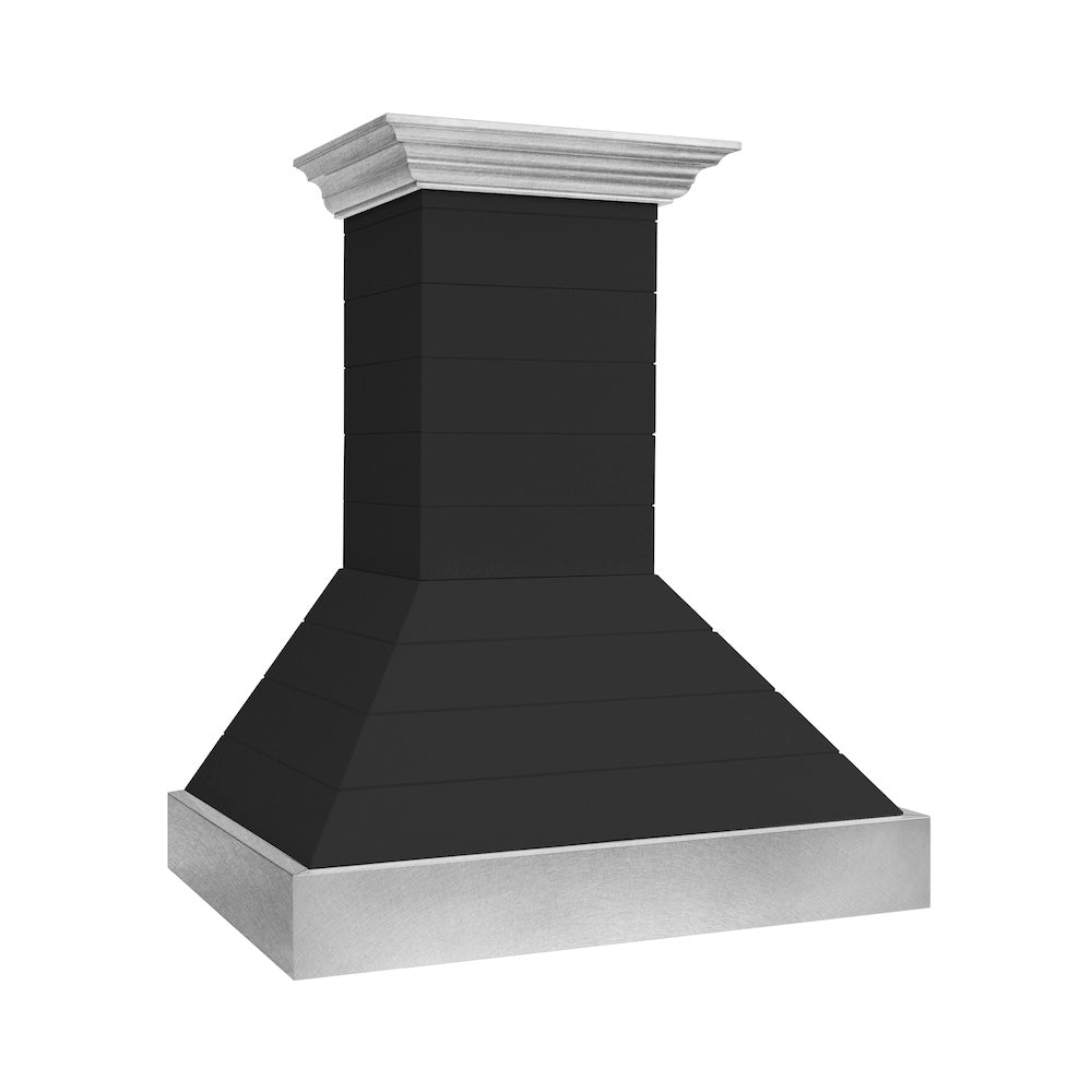ZLINE 36 Inch Rustic Shiplap Black Wooden Wall Mount Range Hood with Stainless Steel Accents - 365CC 36 - Perfect for Farmhouse & Modern Kitchen Ventilation