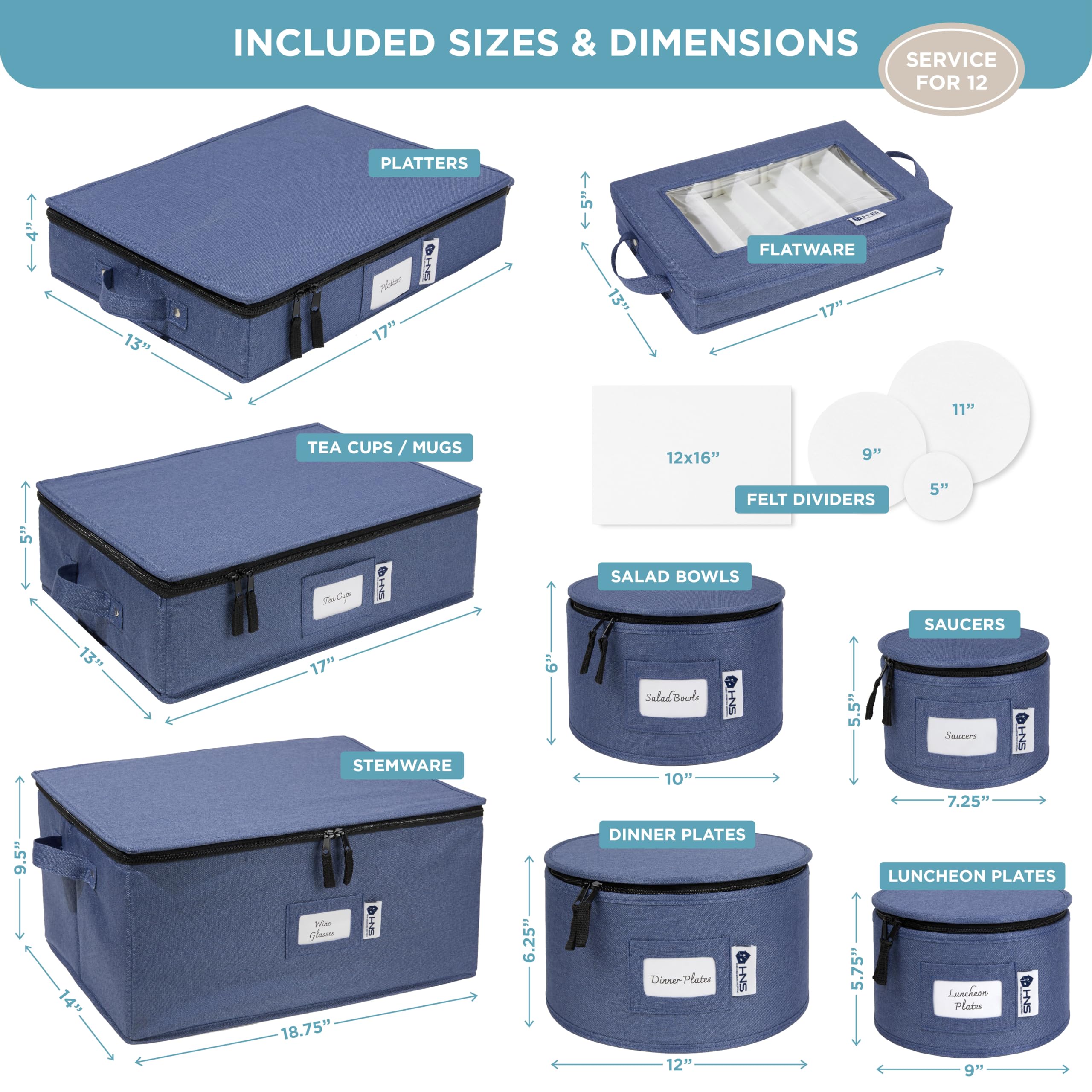 8-Piece Hard Shell Storage Container Set - Durable Moving Boxes for Dinnerware, Glasses, Plates & Mugs with Dividers | Dish Organizer for Seasonal Storage (Serves 12) | Denim Blue | Perfect for Kitchen Organization, Moving Homes & Holiday Dish Storage