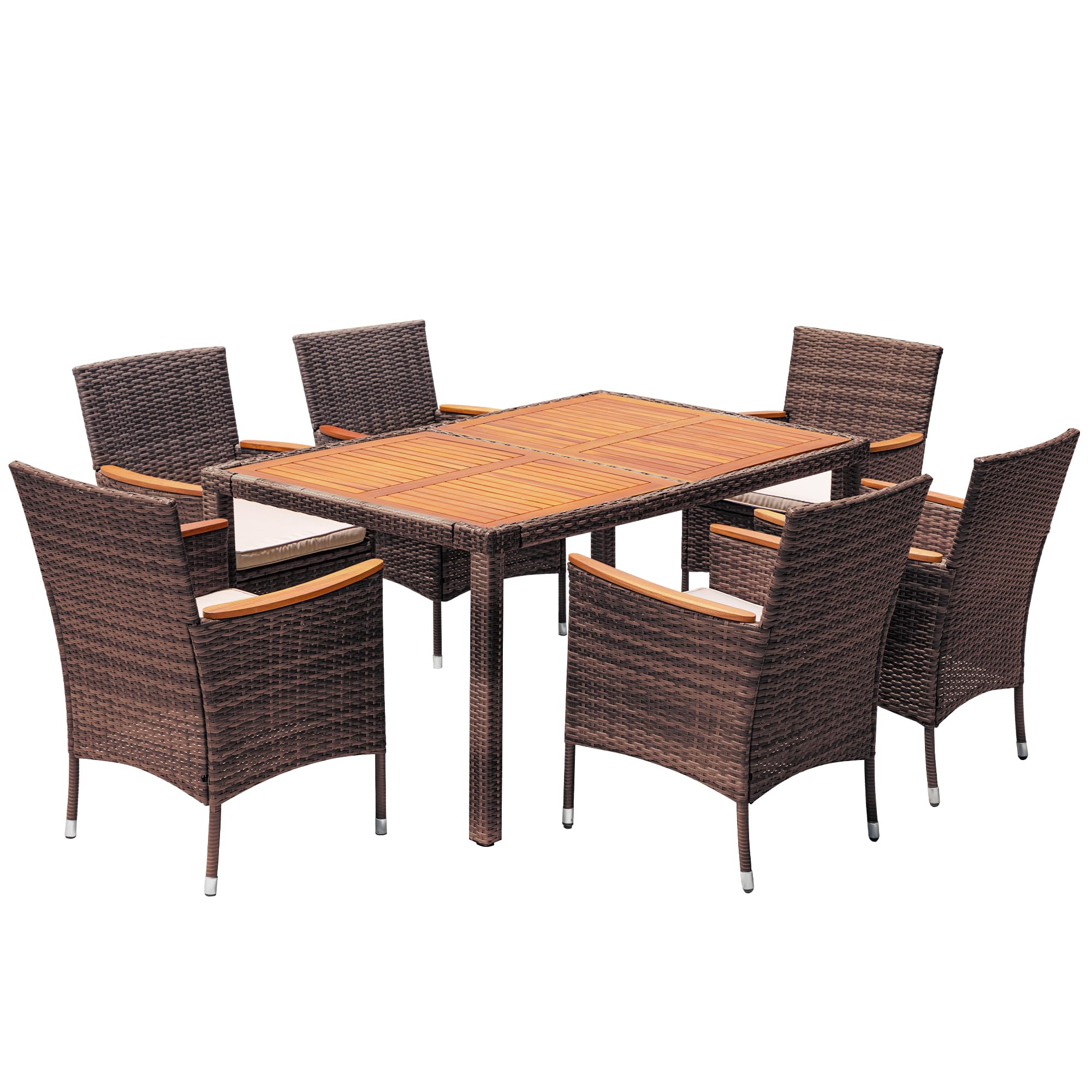 Devoko 7-Piece Patio Dining Set with Acacia Wood Table Top, Outdoor Furniture with Beige Cushions & Brown Rattan - Perfect for Backyard BBQs, Garden Parties & Poolside Relaxation