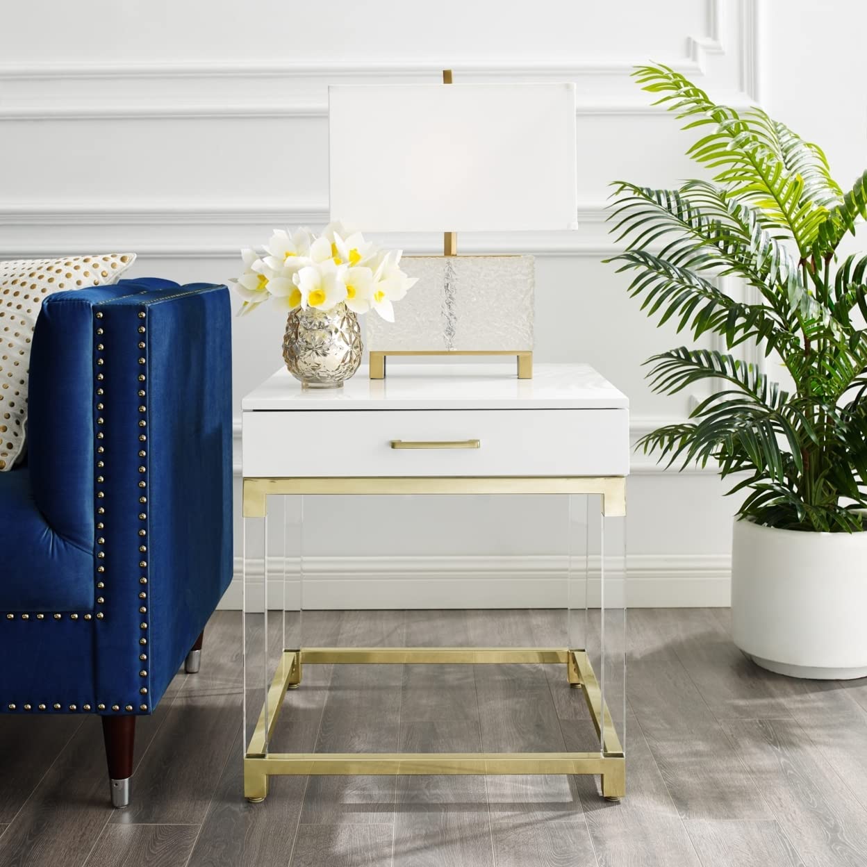 Casandra High Gloss White End Table with 1 Drawer, Acrylic Legs & Gold Stainless Steel Base - Perfect for Living Room, Bedroom or Office Nightstand