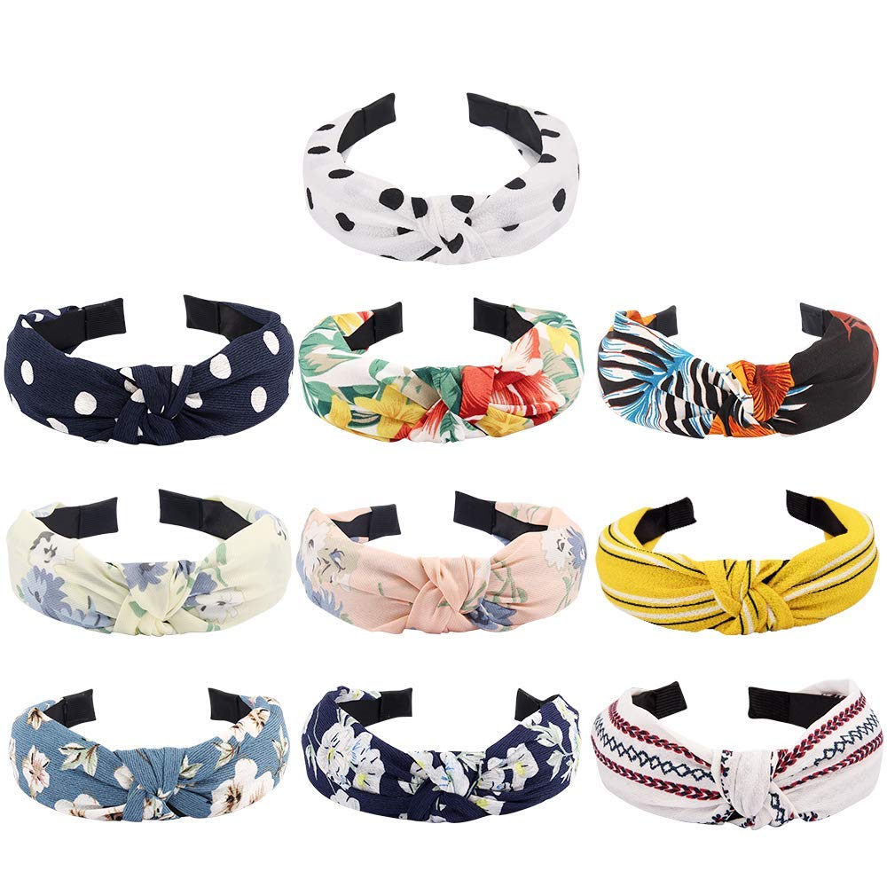 TOBATOBA 10 Pack Floral Knotted Headbands for Women - Non-Slip Wide Bow Knot & Turban Headbands - Fashion Hair Accessories for Work, Yoga, and Everyday Wear