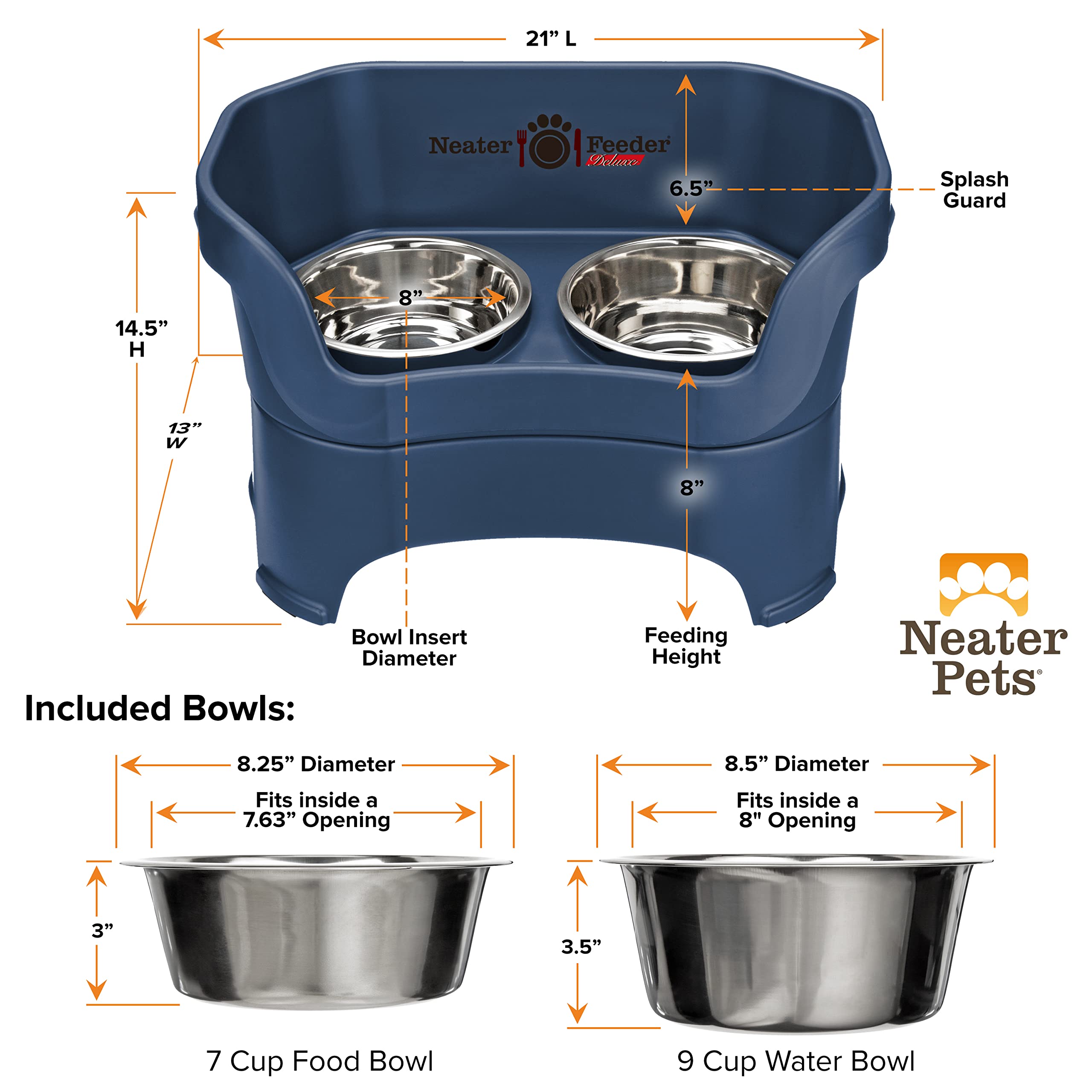 Neater Feeder Deluxe Elevated Dog Bowls for Large Breeds – No Spill Stainless Steel Pet Food & Water Bowl Set – Mess Proof Feeding Station (Dark Blue, Made in USA) – Perfect for Indoor/Outdoor Use & Easy Cleanup