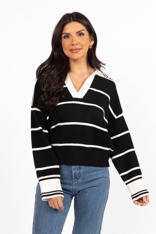 Imagine That Black Striped Collared Sweater for Women - Stylish Knit Pullover for Fall & Winter Fashion | Perfect for Office, Date Night & Casual Outings