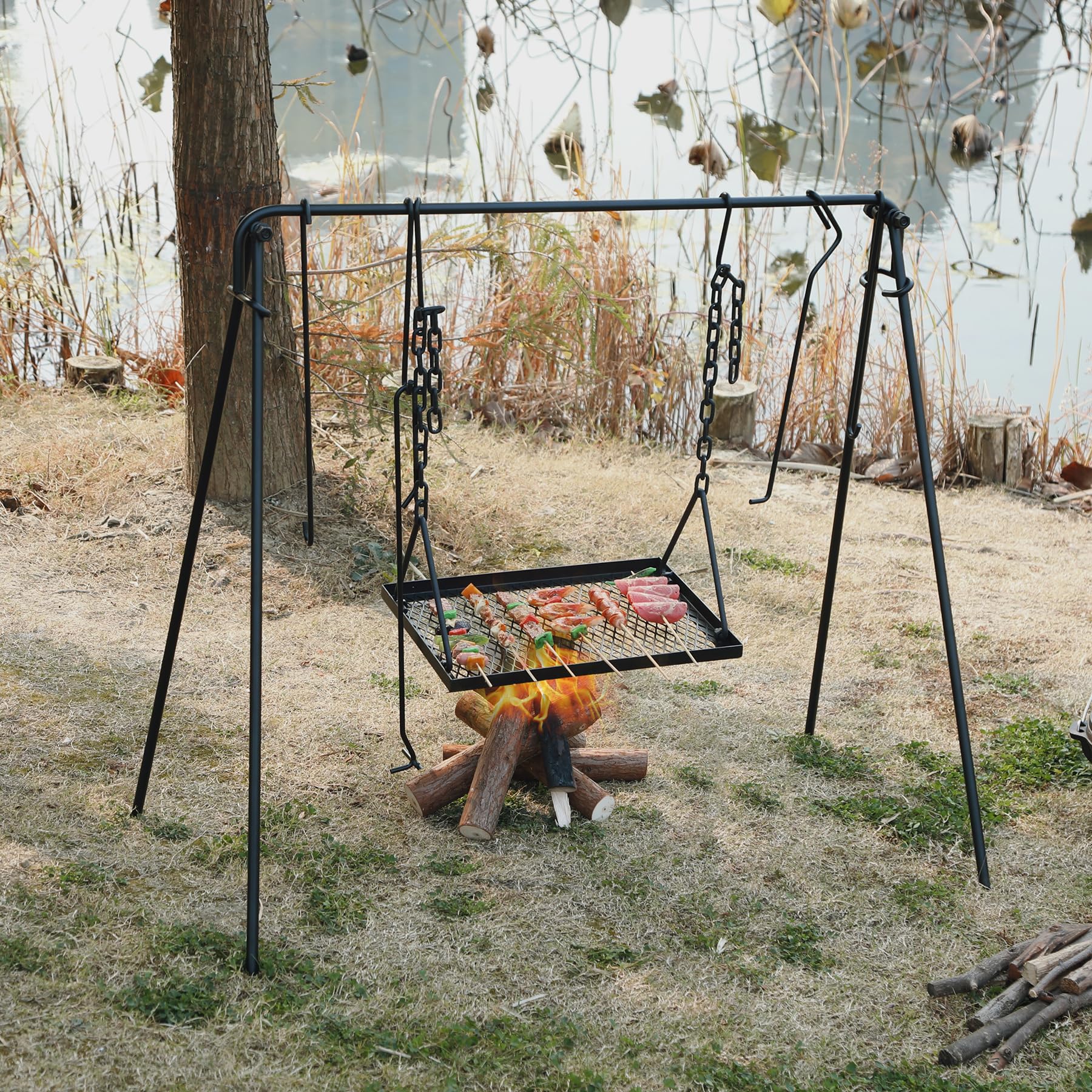 REDCAMP Collapsible Campfire Grill Stand with Iron Grate - Portable Outdoor Cooking Rack with 6 Hooks for Dutch Oven & Camp Cookware - Perfect for Camping, Backpacking & Bonfire Cooking