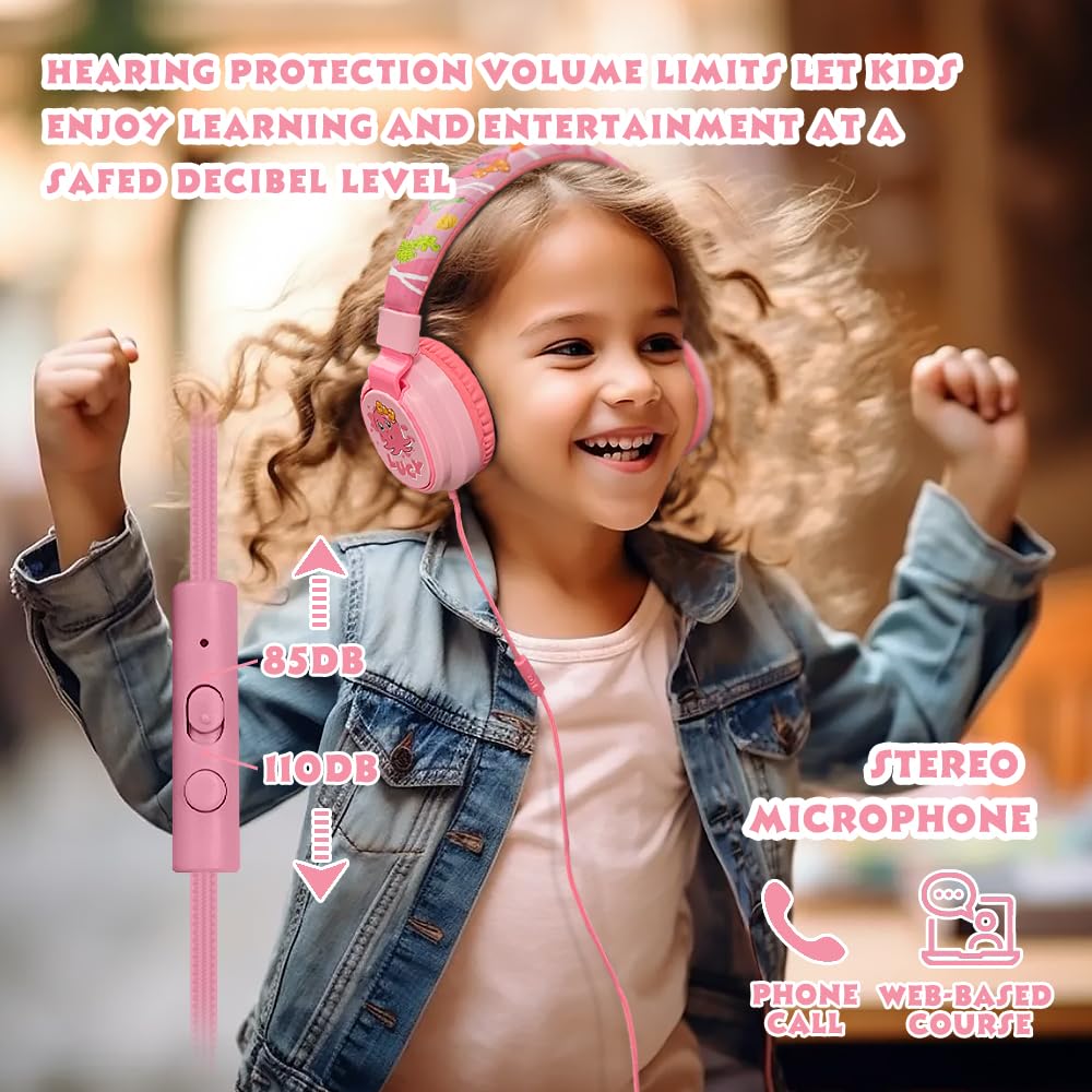 MIDOLA Kids Headphones with Volume Limiter (85/110dB) - Foldable Over-Ear Headset with Built-in Mic & 3.5mm AUX Cord - Safe for Children's Ears - Perfect for School, Travel, Tablet, Laptop & Online Learning (Cartoon Pink)