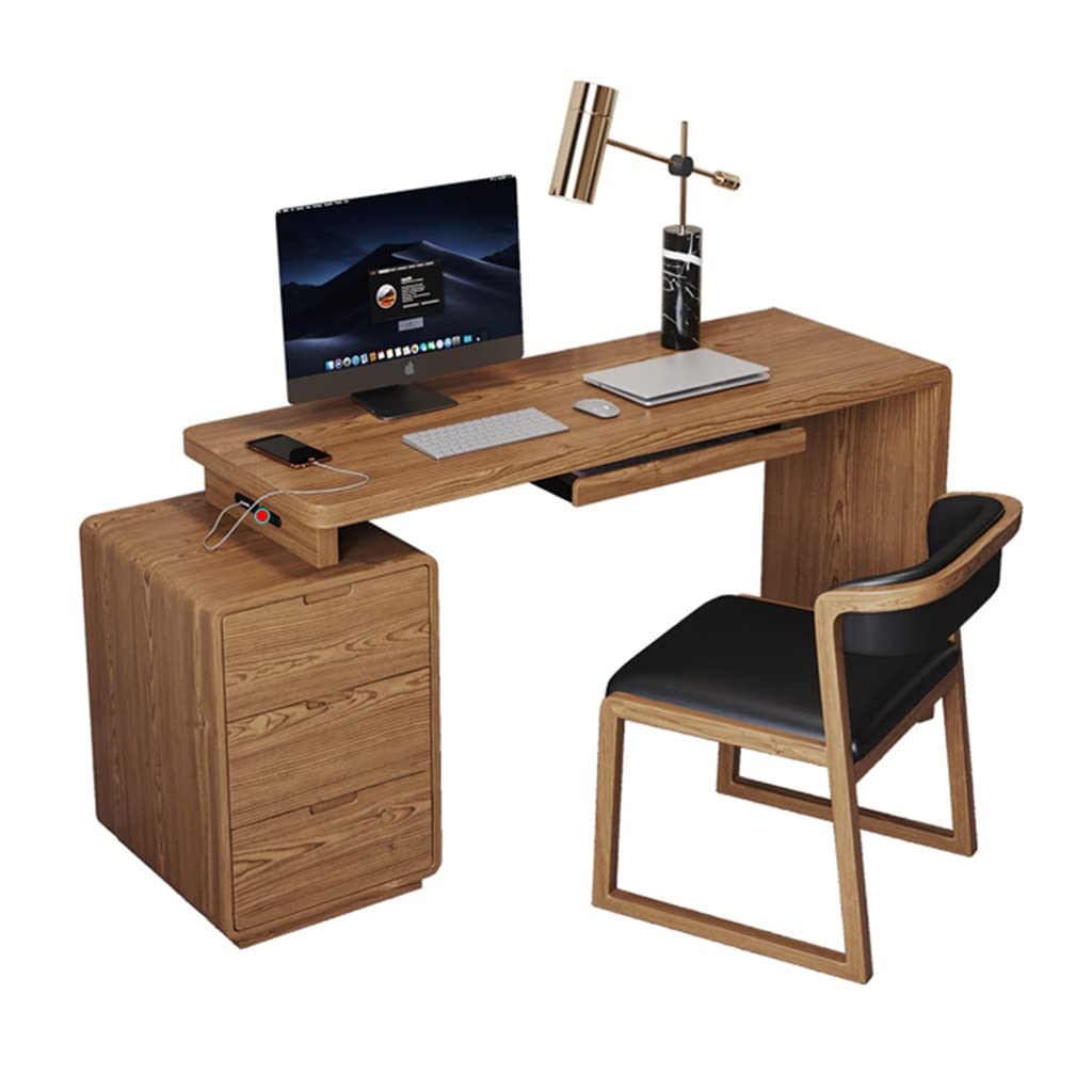 Solid Wood Computer Desk and Chair Set - Walnut Finish, Corner Desk with Drawer Cabinet, Easy to Assemble Home Office Furniture (120x50x75cm) - Perfect for Small Spaces, Home Office, Study Room & Remote Work Setup