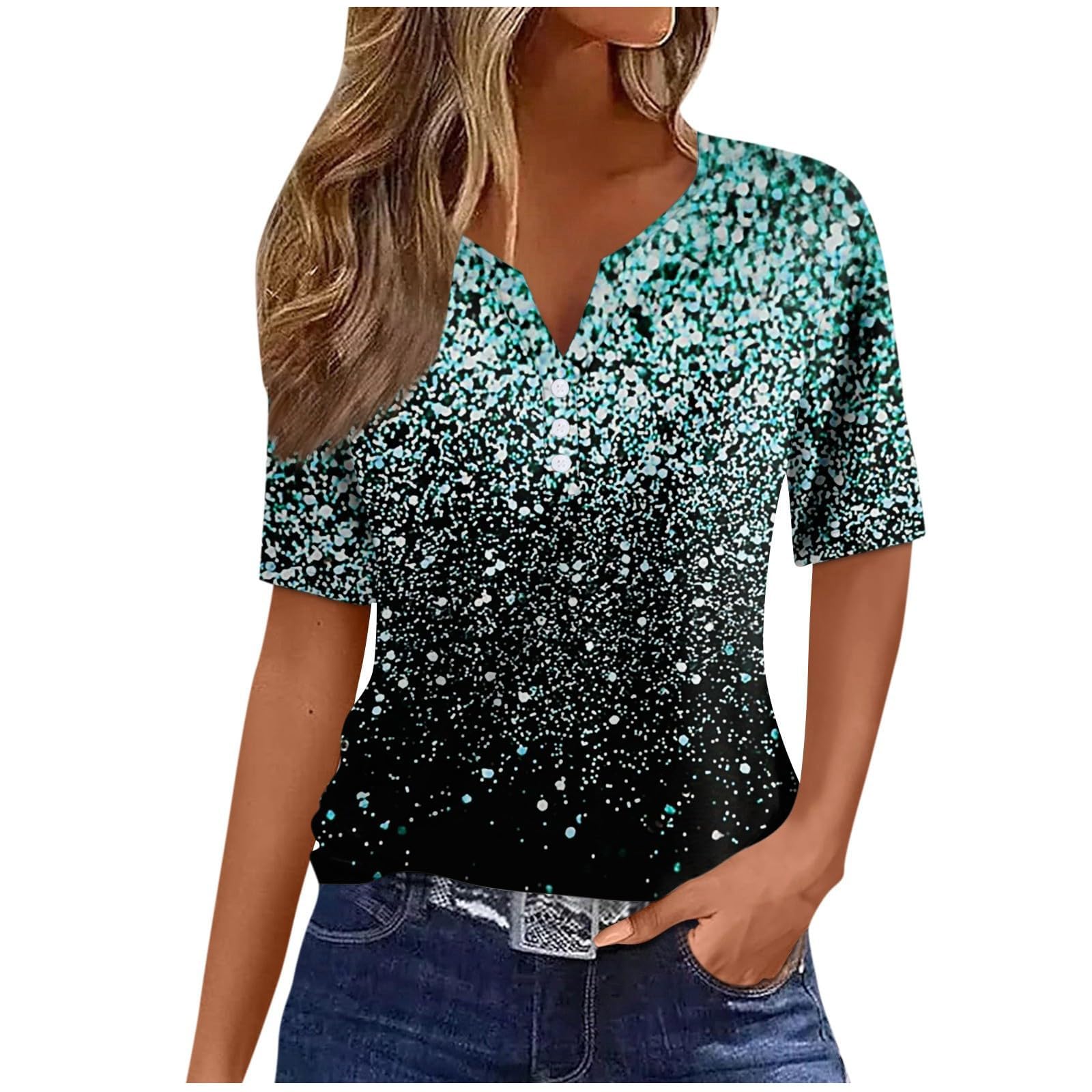 Women's Rhinestone Henley Shirts - Short Sleeve V-Neck Summer Tops & Casual Button Blouses | Elegant Dressy T-Shirts for Women 2024 | Perfect for Office, Date Night & Summer Outings