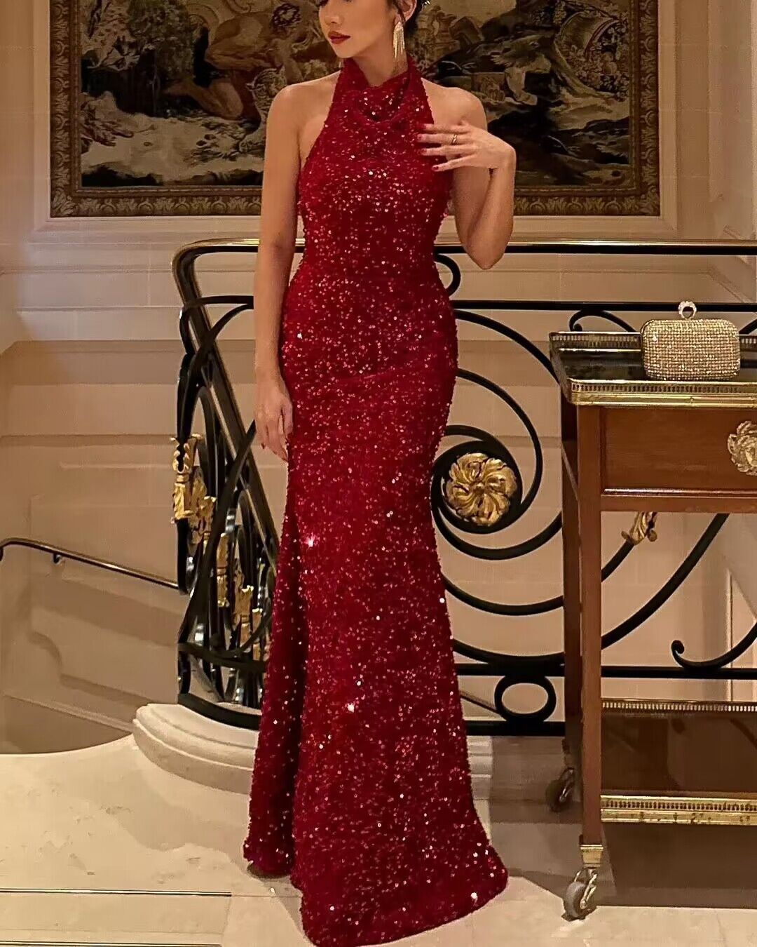 Elegant Red Velvet Sequin Mermaid Prom Dress with Halter Neckline - J2839 | Perfect for Homecoming, Evening Gala & Special Occasions