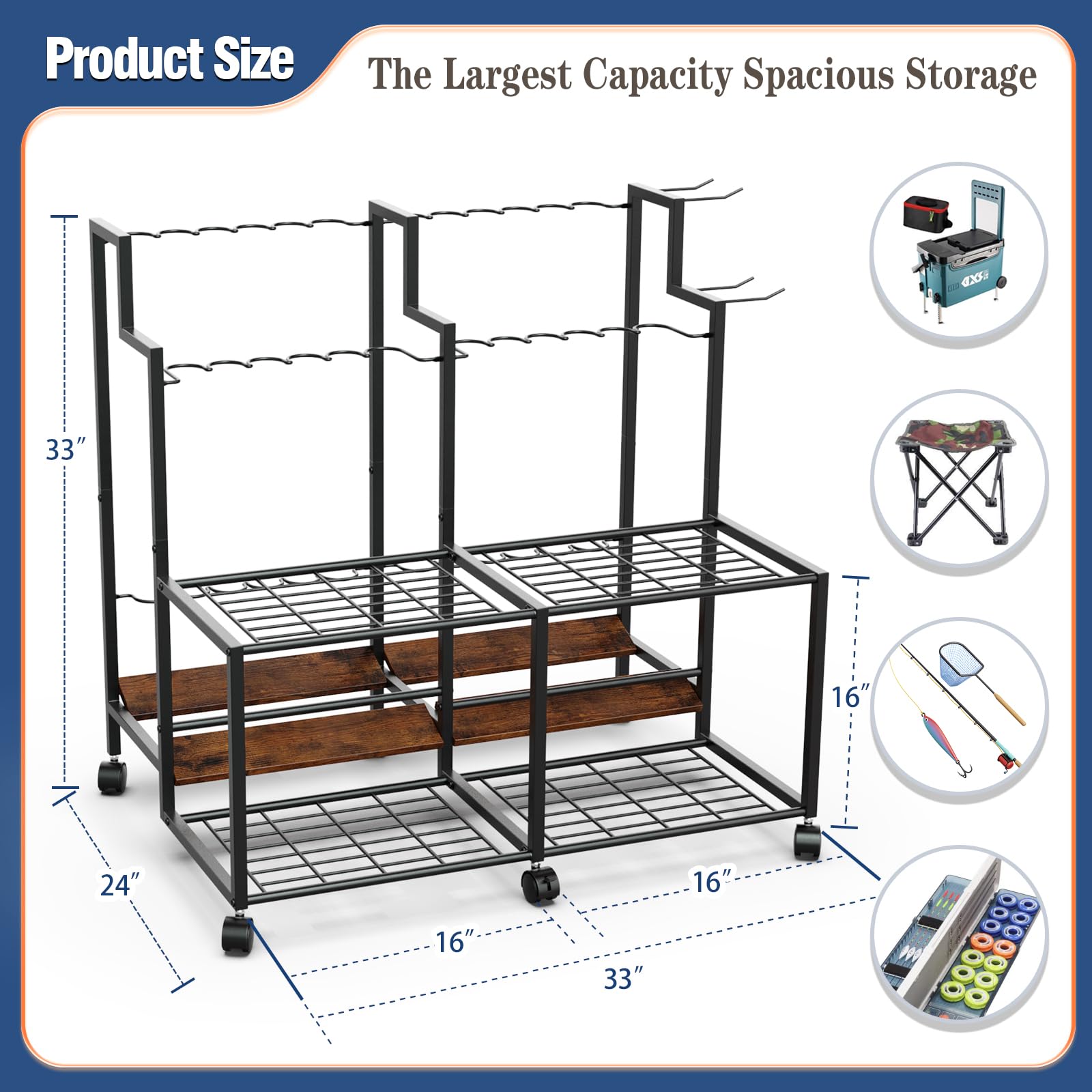 Miratino 24-Rod Large Capacity Fishing Rod Holder for Garage - Heavy Duty Fishing Pole Organizer & Tackle Storage - Perfect for Home, Garage, and Boat Storage