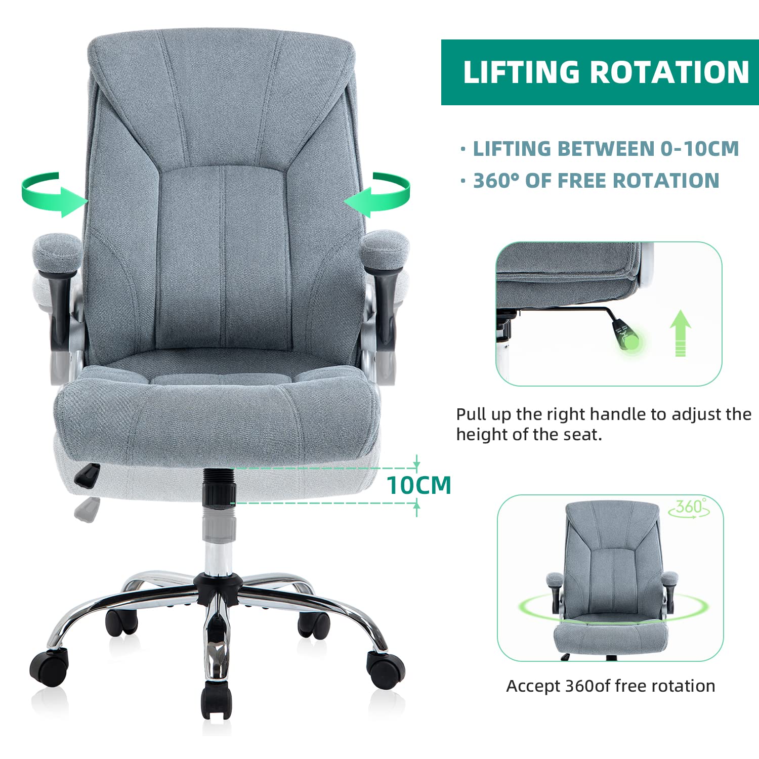 YAMASORO Ergonomic Executive Office Chair with Flip-Up Arms, Lumbar Support & Wheels - Comfortable Swivel Task Chair for Home & Office Workspace - Gray