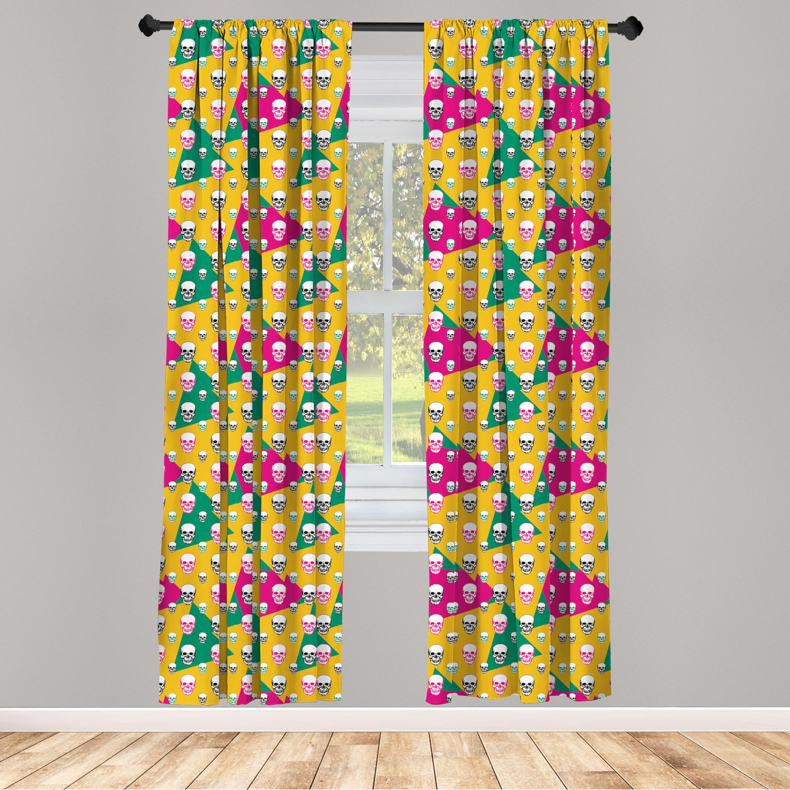 Ambesonne Skull Window Curtains - Gothic Head Bones Print on Geometric Triangle Pattern, Lightweight Blackout Drapes 2-Panel Set with Rod Pocket (28