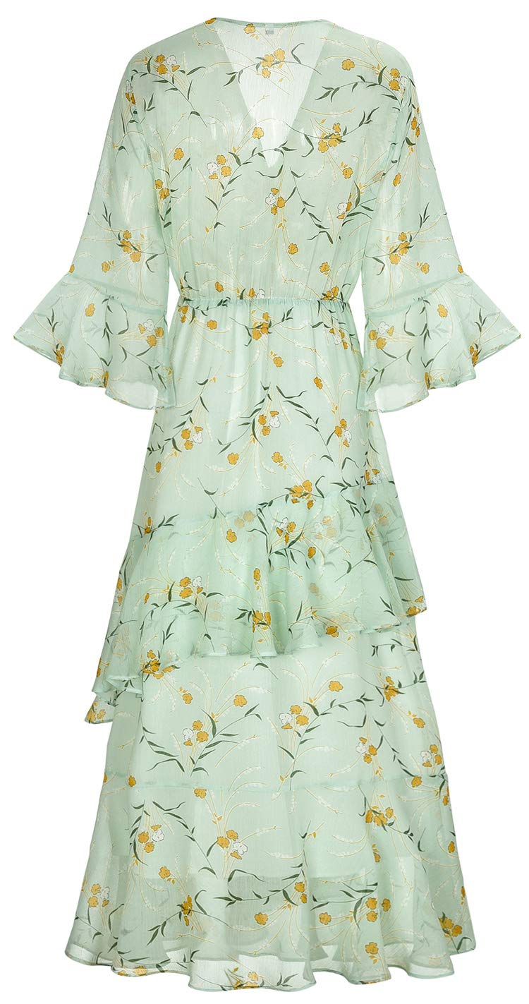 Women's Yellow Floral Maxi Dress - V Neck High Waist Chiffon Long Dress for Beach, Summer Parties & Casual Wear | Flowy Boho Style Dress for Vacations, Date Nights & Outdoor Events