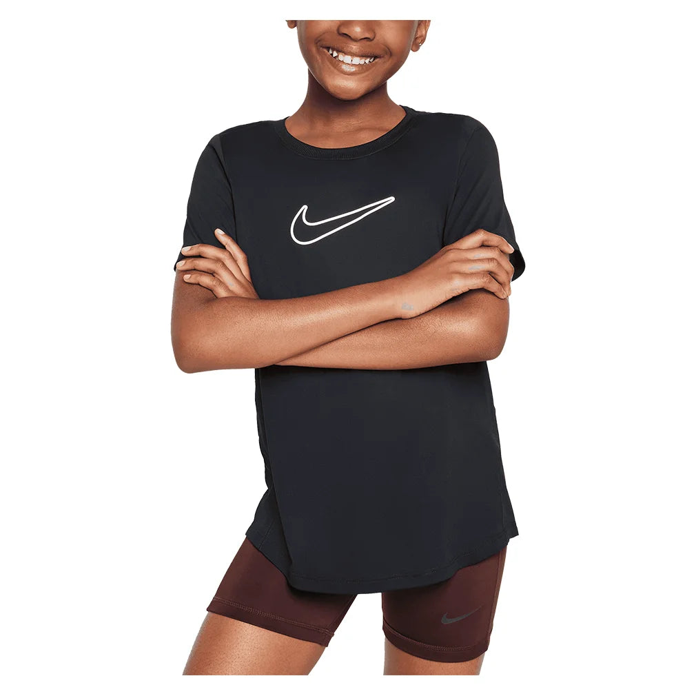 Girls' Dri-FIT One Short Sleeve Training Top - Black & White - Moisture-Wicking Workout Shirt for Running, Yoga & Gym