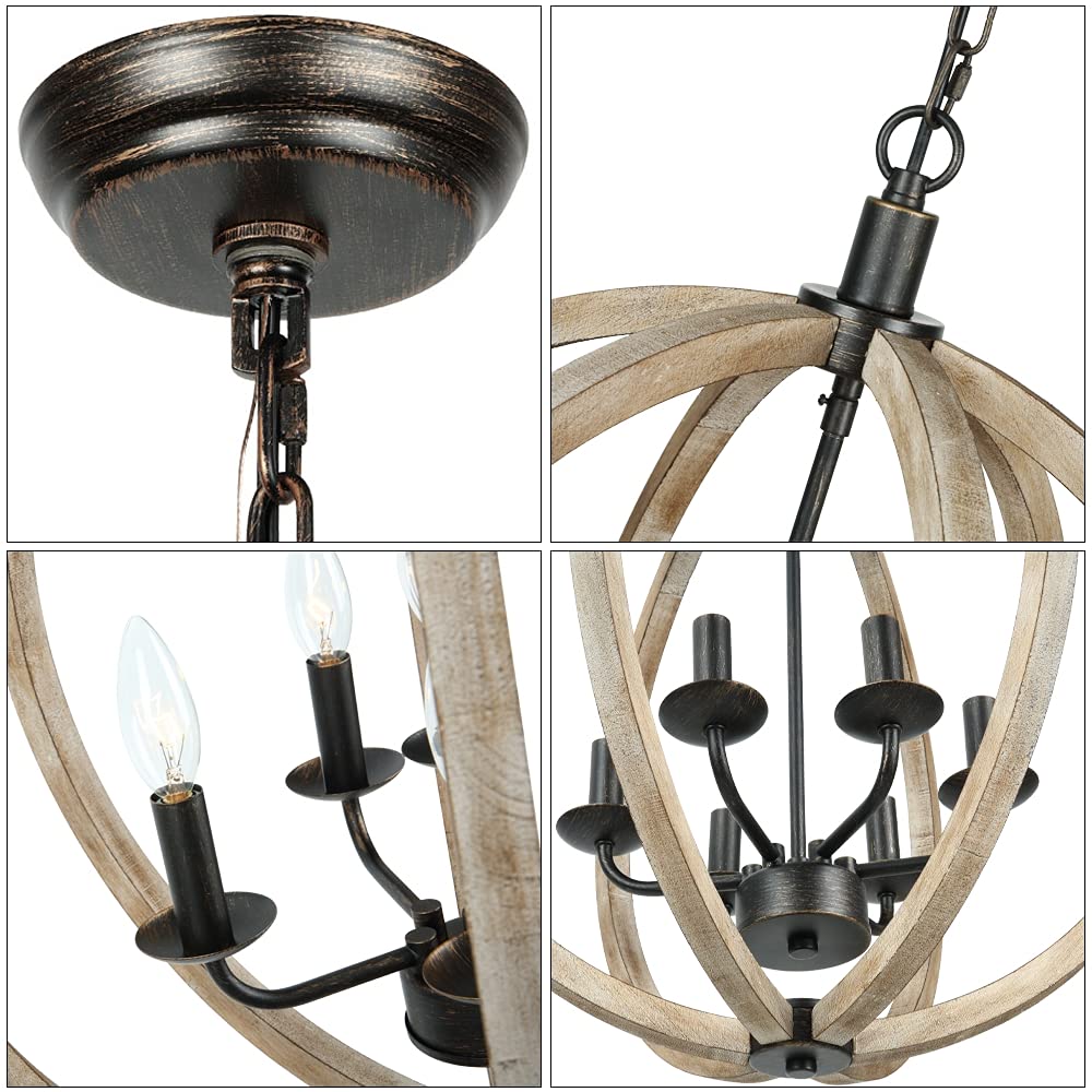 Handmade Wooden Orb 6-Light Farmhouse Chandelier with Brown Glass Globes - 20