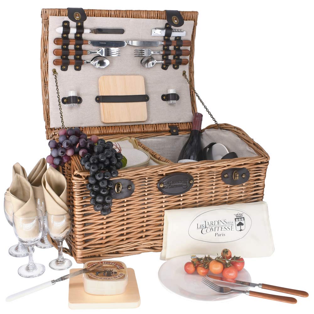 Les Jardins de la Comtesse Honey-Colored Wicker Picnic Basket for 4 - Insulated Compartment & Ceramic Plates - Wine Glasses - Cream Fabric - 48x36x27cm - Perfect for Outdoor Dining, Beach Picnics & Romantic Getaways