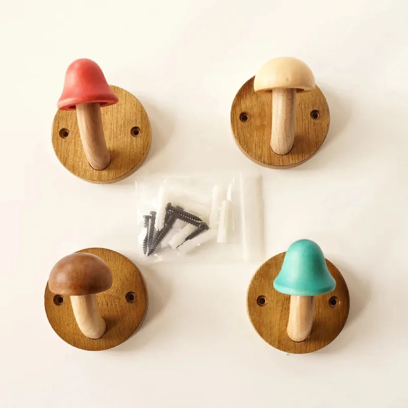 Mushroom Grove Wall Hooks - Set of 4 Rustic Wooden Hooks for Coats, Hats & Keys - Perfect for Entryway, Bedroom & Bathroom Organization