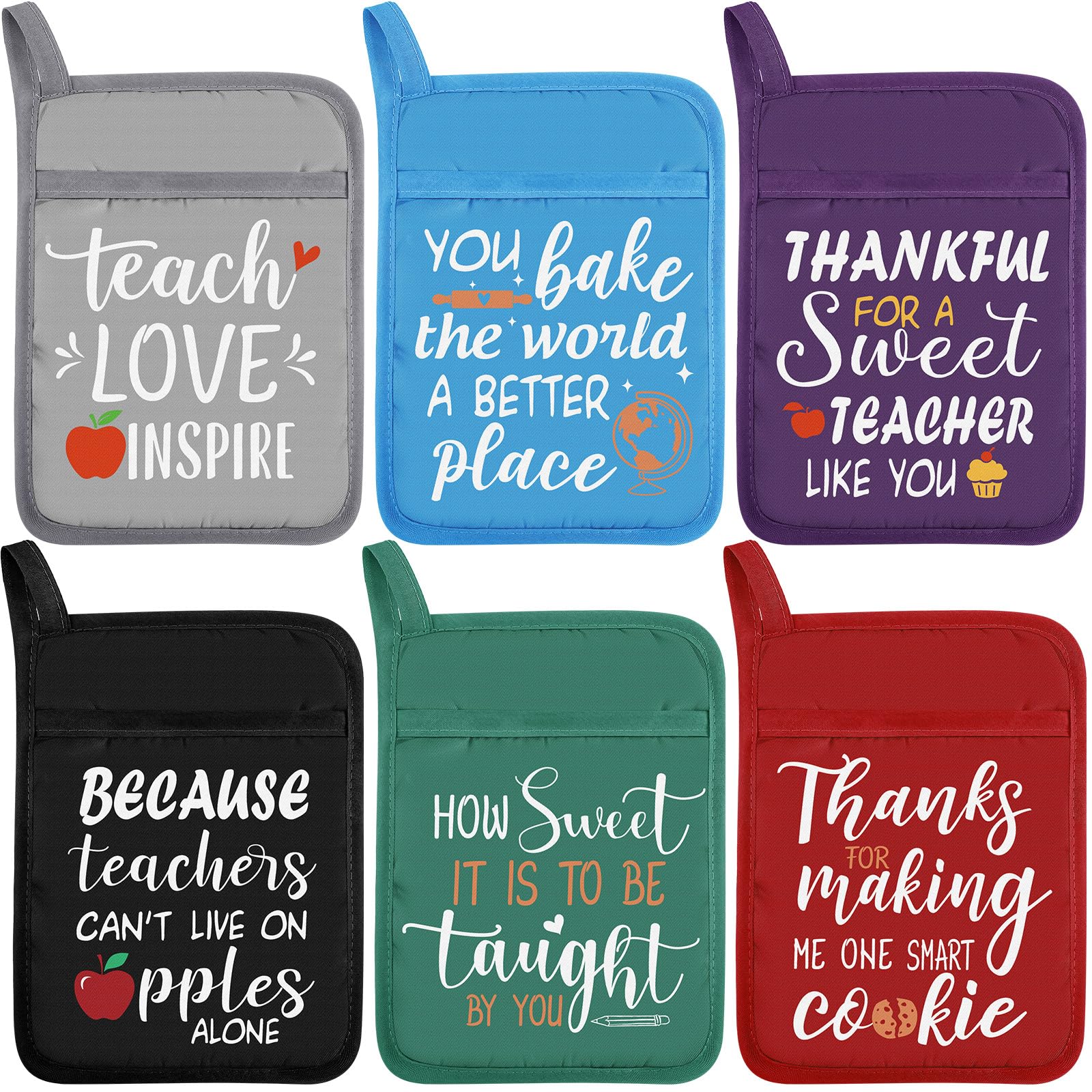 6-Piece Funny Teacher Appreciation Gift Set - Heat Resistant Oven Mitts with Hand Pocket & Hanging Loop - Perfect for Teachers, Women & Cookie Baking Enthusiasts - Ideal for Classroom Gifts, Teacher Week & Holiday Presents