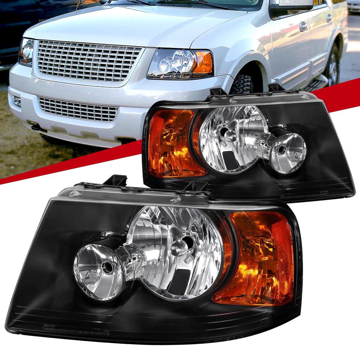 03-06 Ford Expedition Black Headlights & Headlamps Pair - Left & Right Replacement for Improved Night Driving & Style Upgrade