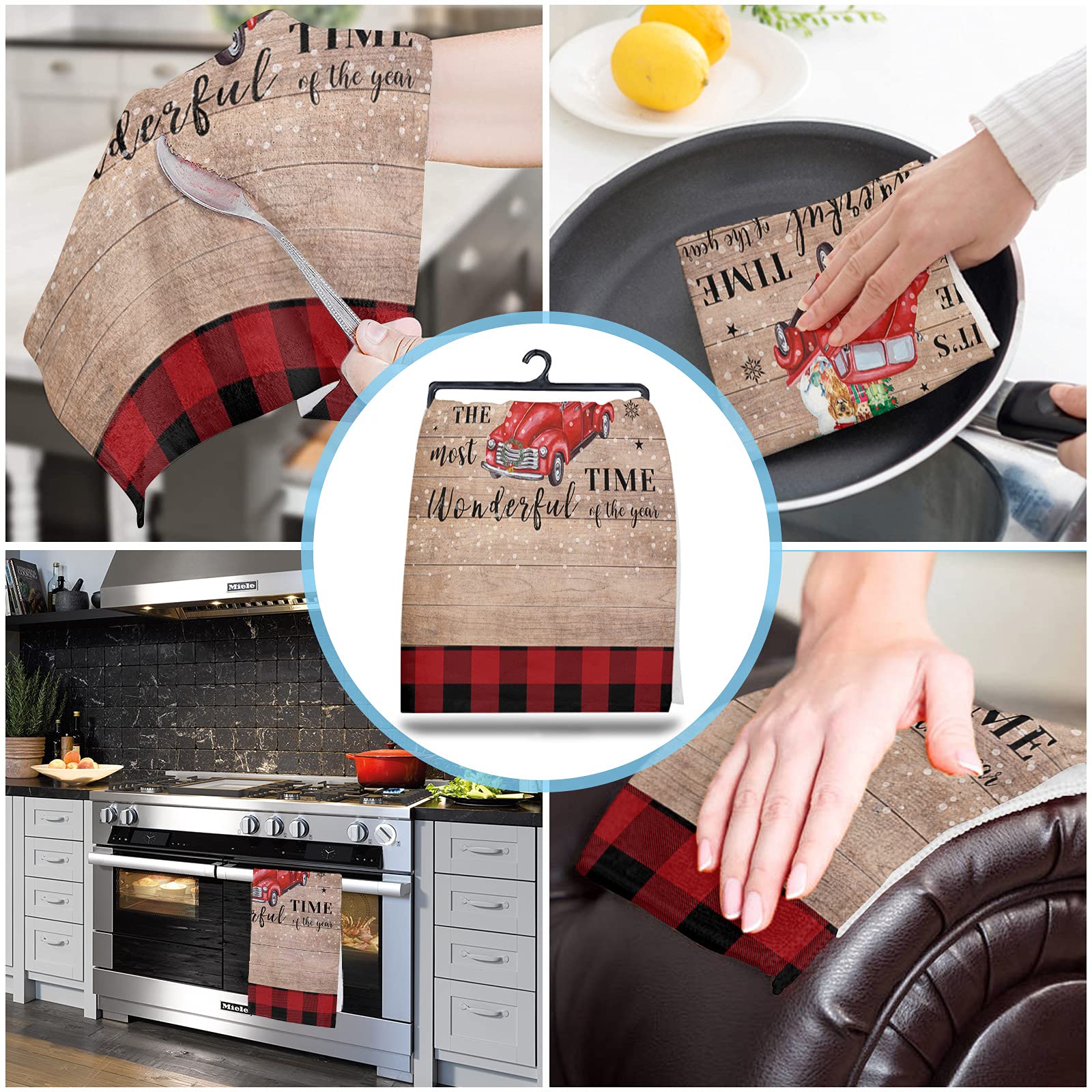 **3 Pack Super Absorbent Soft Microfiber Kitchen Dish Towels - Christmas Truck Pull Xmas Tree Golden Retriever Design on Rustic Wooden Grain - Cleaning Dishcloths, Hand Towels & Tea Towels for Kitchen, Bathroom & Bar - Perfect for Holiday Decor, Dish Drying & Hand Wiping**