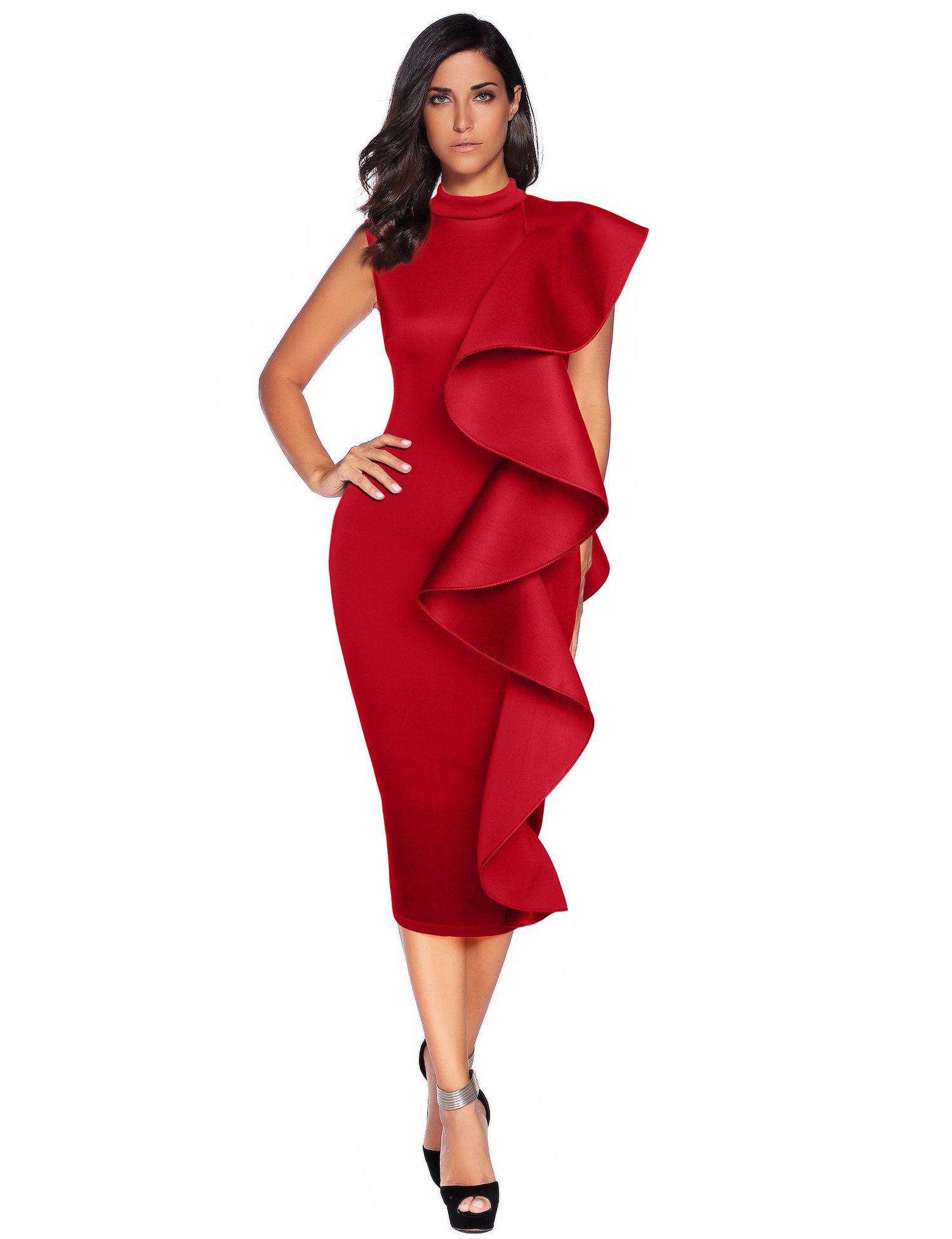 Elegant High Neck Ruffle Midi Dress for Women - Perfect for Formal Events, Celebrations & Parties - Wedding Guest, Cocktail, Evening Gala Attire