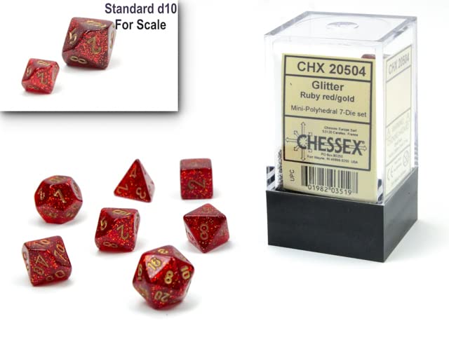 Chessex 10mm Glitter Red & Gold Polyhedral Dice Set for Dungeons & Dragons D&D DND TTRPG - Includes 7 Dice (D4, D6, D8, D10, D12, D20, D%) - Perfect for RPG Gaming, Tabletop Adventures & Collectors (CHX20504)