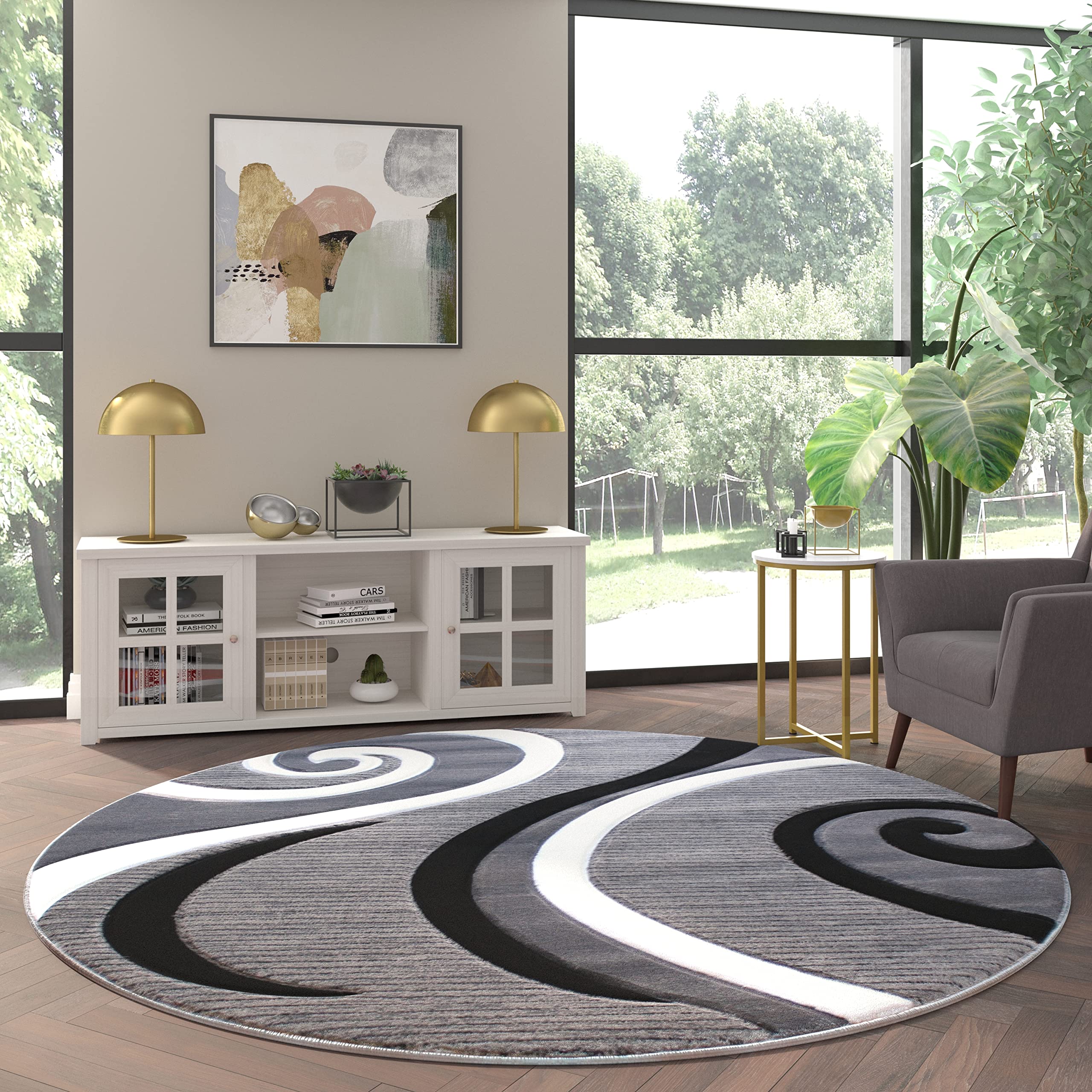 EMMA + OLIVER Olefin Accent Rug - Gray Contemporary Swirl Pattern - 8x8 Round - 3D Sculpted Effect - Stain Resistant - Modern Home Decor for Living Room, Bedroom & Office