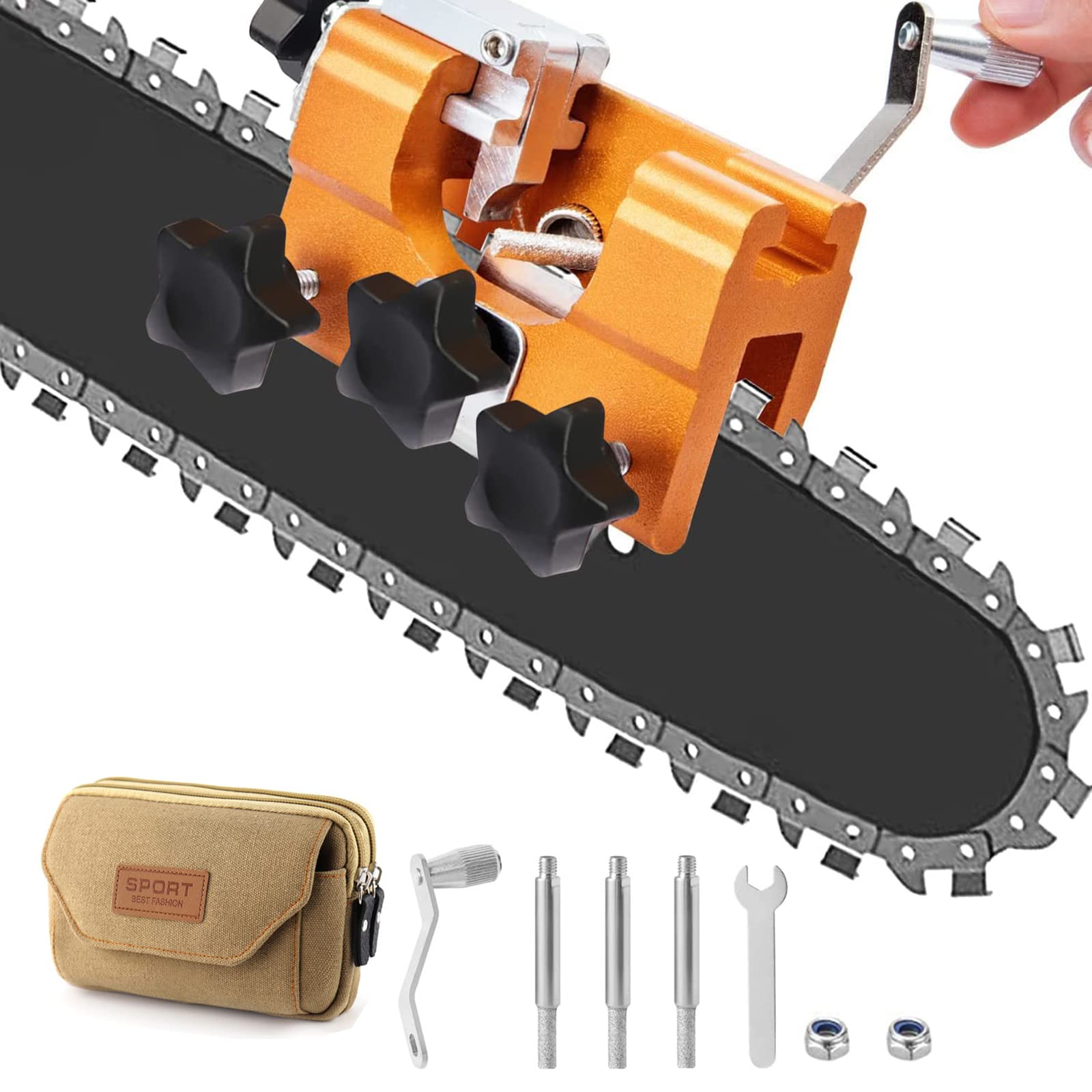 LDIW Chainsaw Chain Sharpening Jig - Portable Hand Crank Sharpener Kit with Storage Bag for All Chain Saws - Perfect for Lumberjacks & Garden Workers (Style 2 Khaki) - Ideal for Wood Cutting, Tree Trimming & Yard Maintenance
