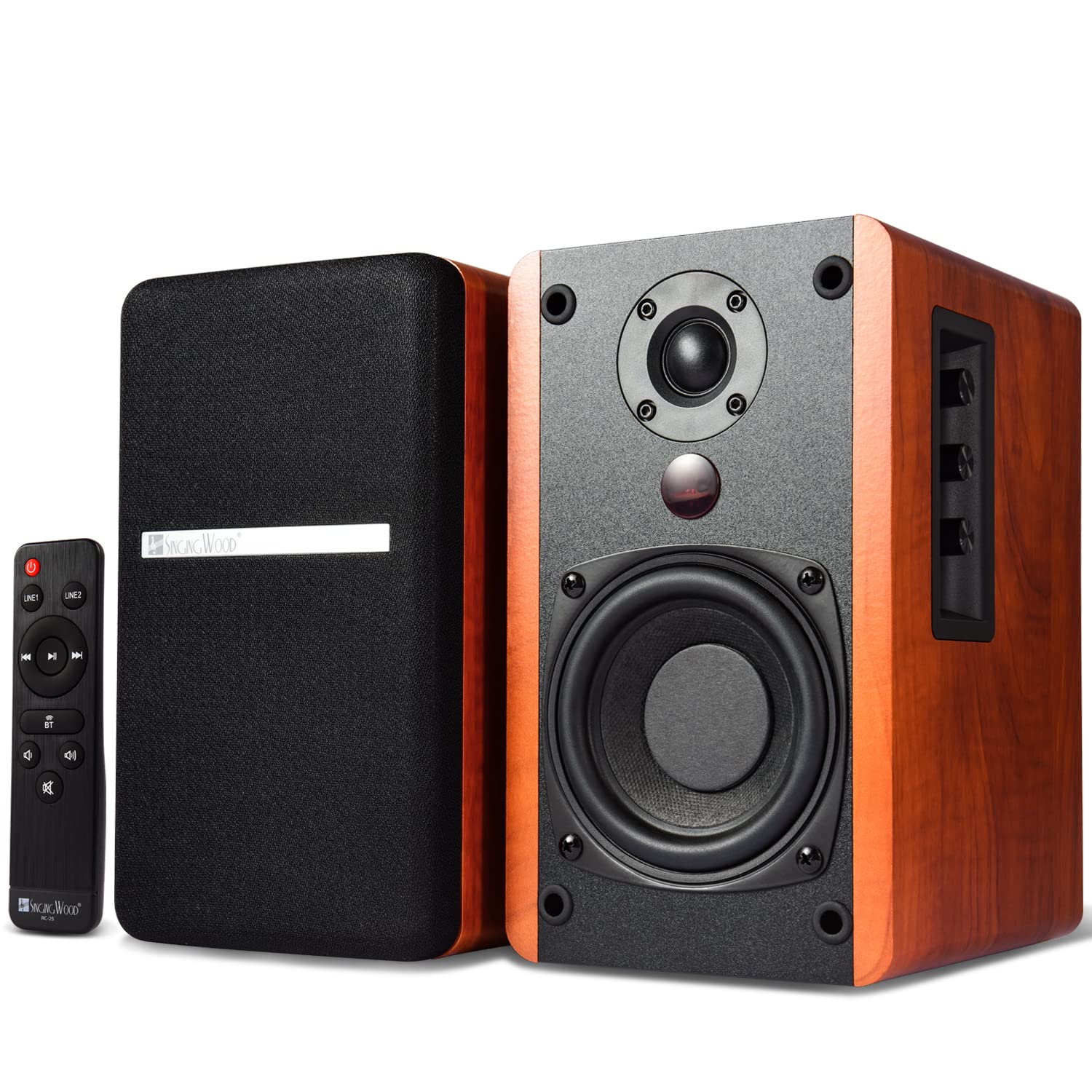 SINGING WOOD BT25 (2024 Version) 80W Bluetooth Bookshelf Speakers with Optical/Aux Inputs & Subwoofer Line Out - Premium Cherry Wood Enclosure for Home Theater, Gaming, PC, TV & Turntable Setup
